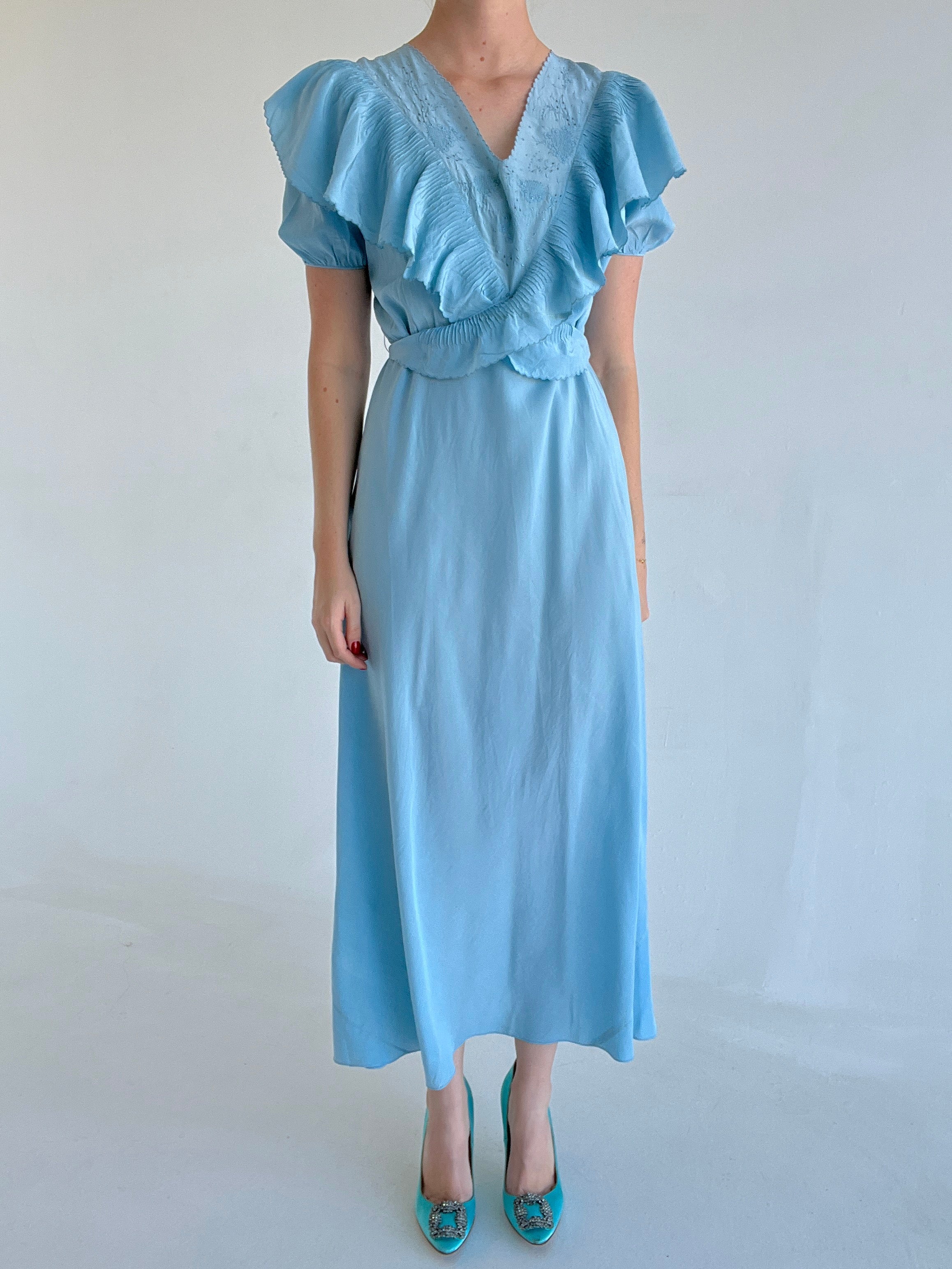 1930's Sky Blue Silk Dress with Puffed Sleeve