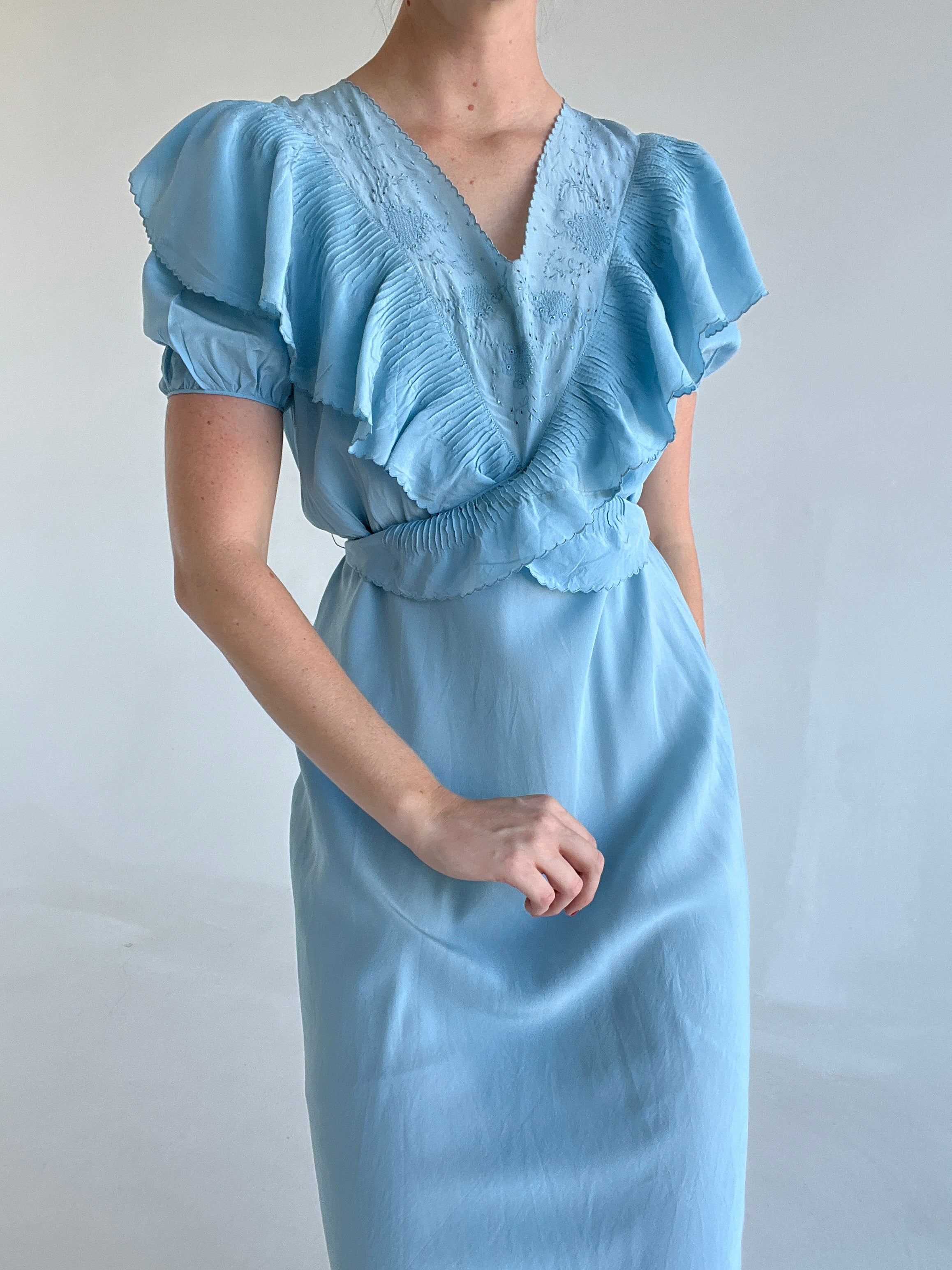 1930's Sky Blue Silk Dress with Puffed Sleeve Eveliina Vintage 1930's Sky Blue Silk Dress with Puffed Sleeve Eveliina Vintage