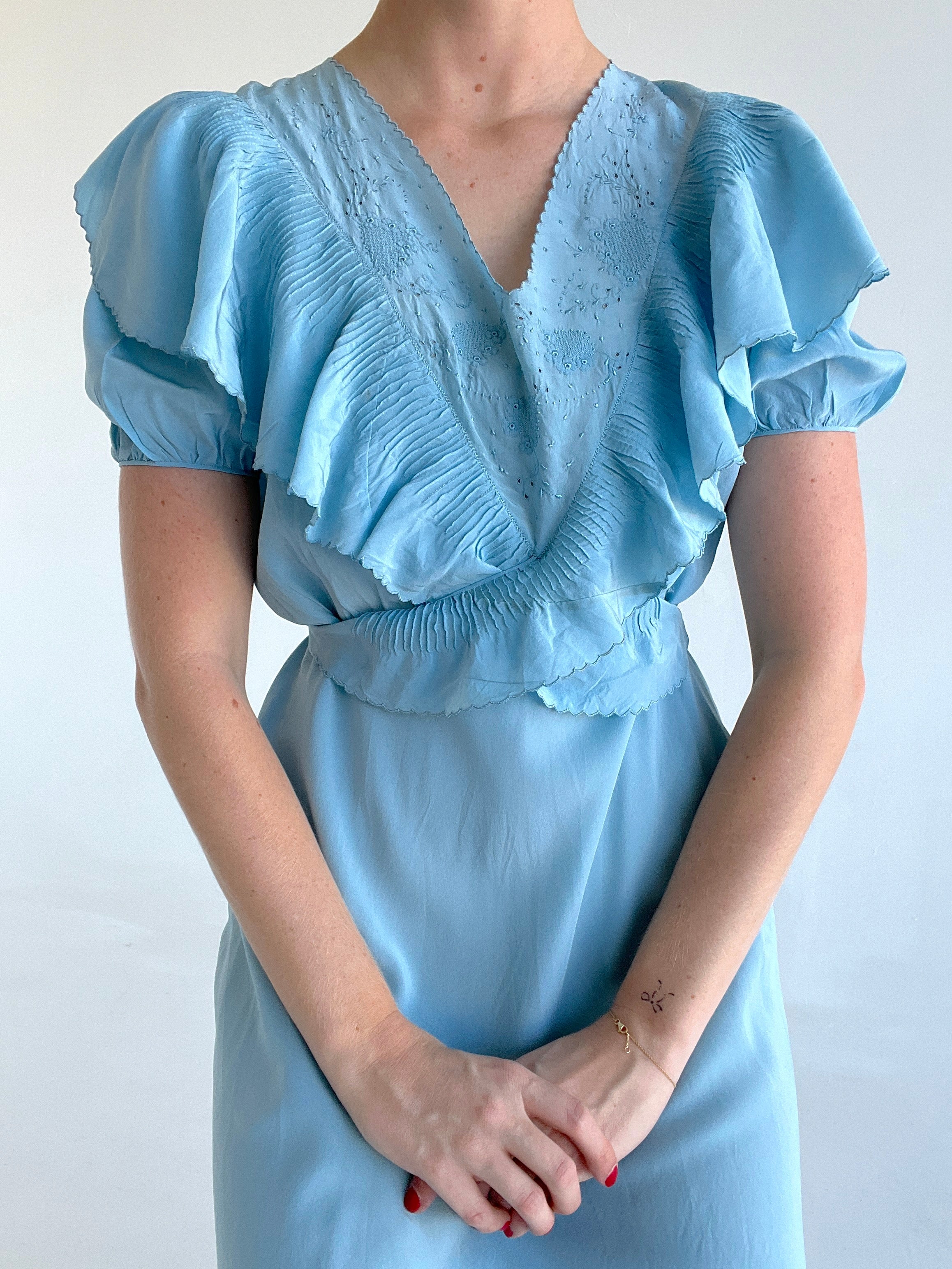 1930's Sky Blue Silk Dress with Puffed Sleeve Eveliina Vintage 1930's Sky Blue Silk Dress with Puffed Sleeve Eveliina Vintage