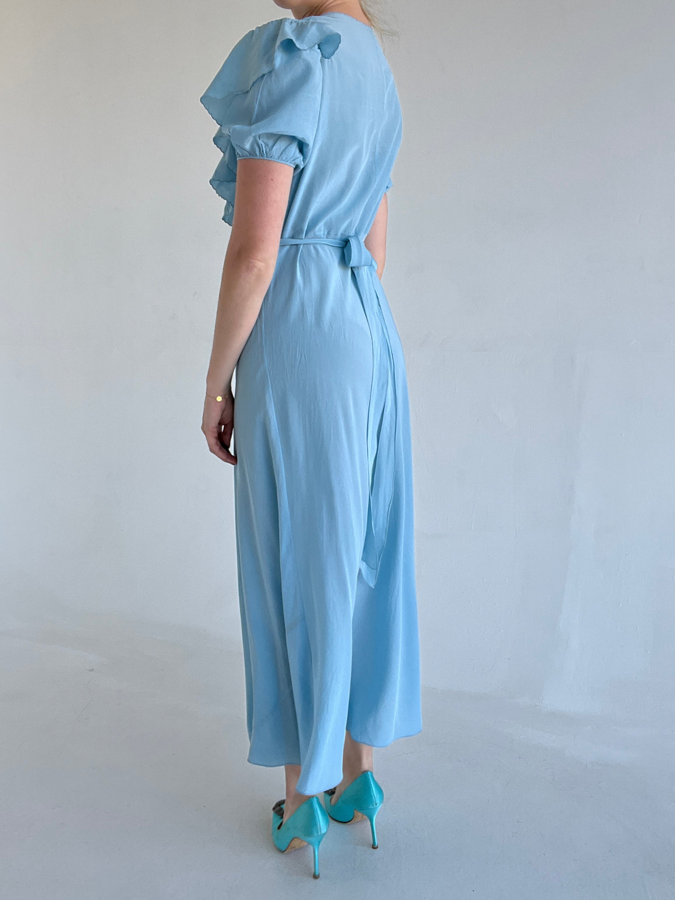 1930's Sky Blue Silk Dress with Puffed Sleeve