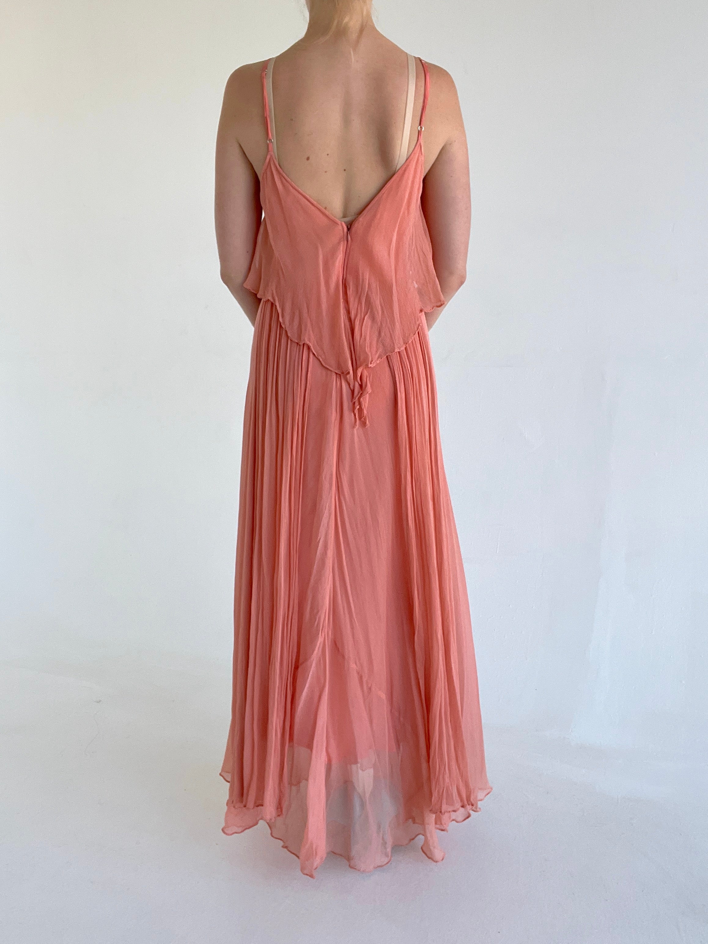 1970's Crinkle Chiffon Tiered Peachy Pink Dress