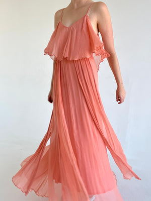 1970's Crinkle Chiffon Tiered Peachy Pink Dress