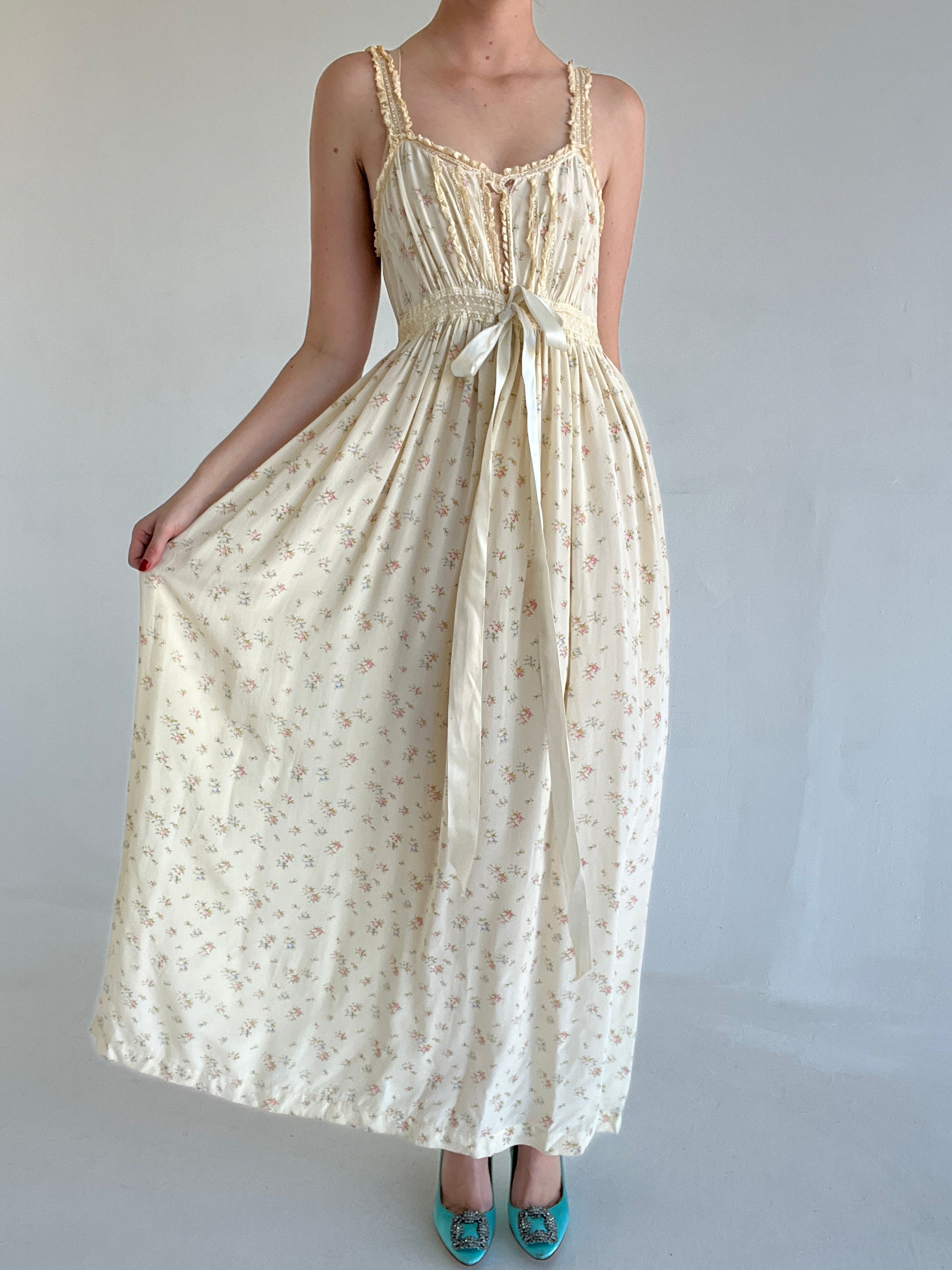 1920's Cream Silk Dress with Floral Print