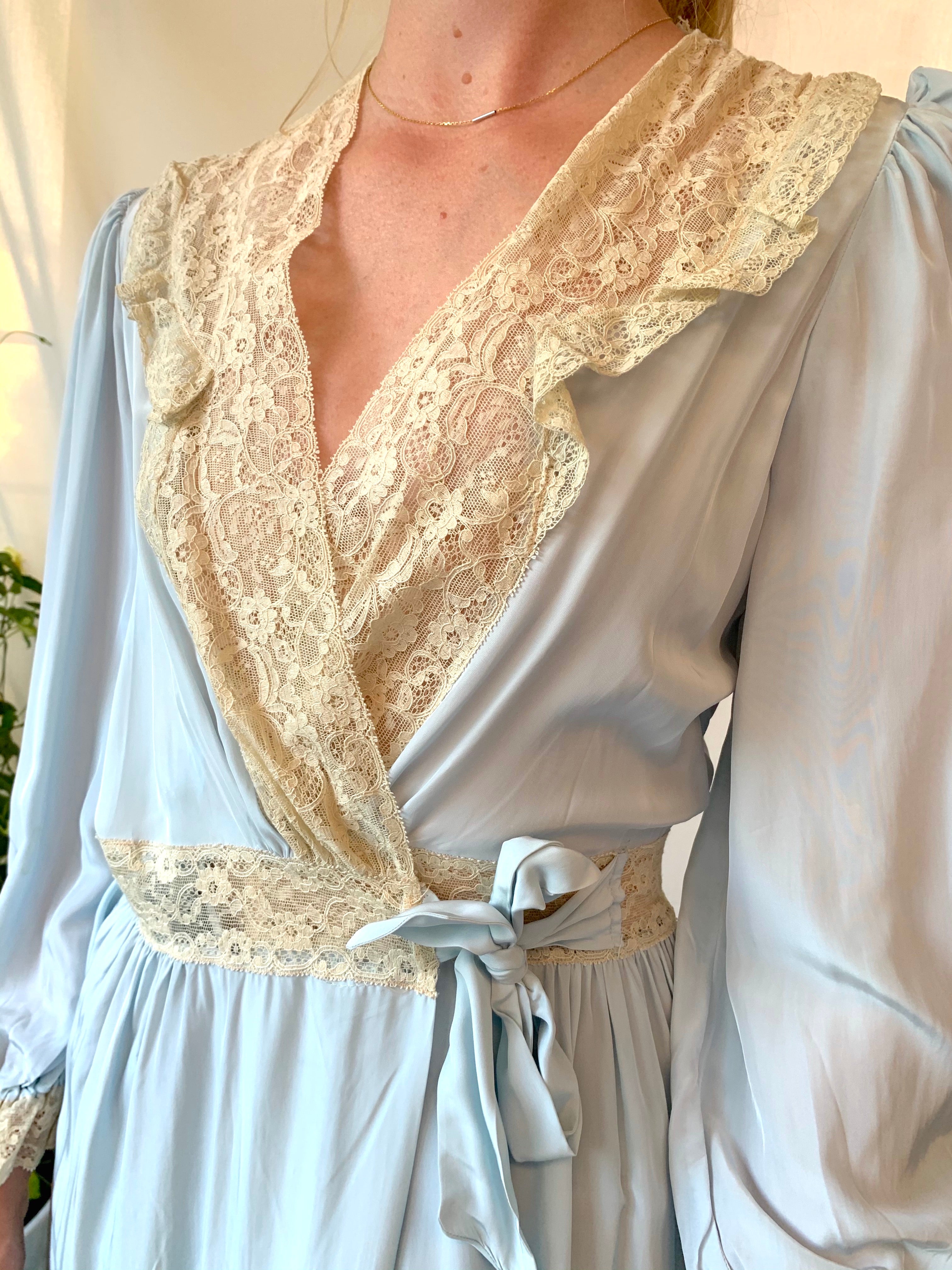 1940's Baby Blue Silk Robe with Cream Lace