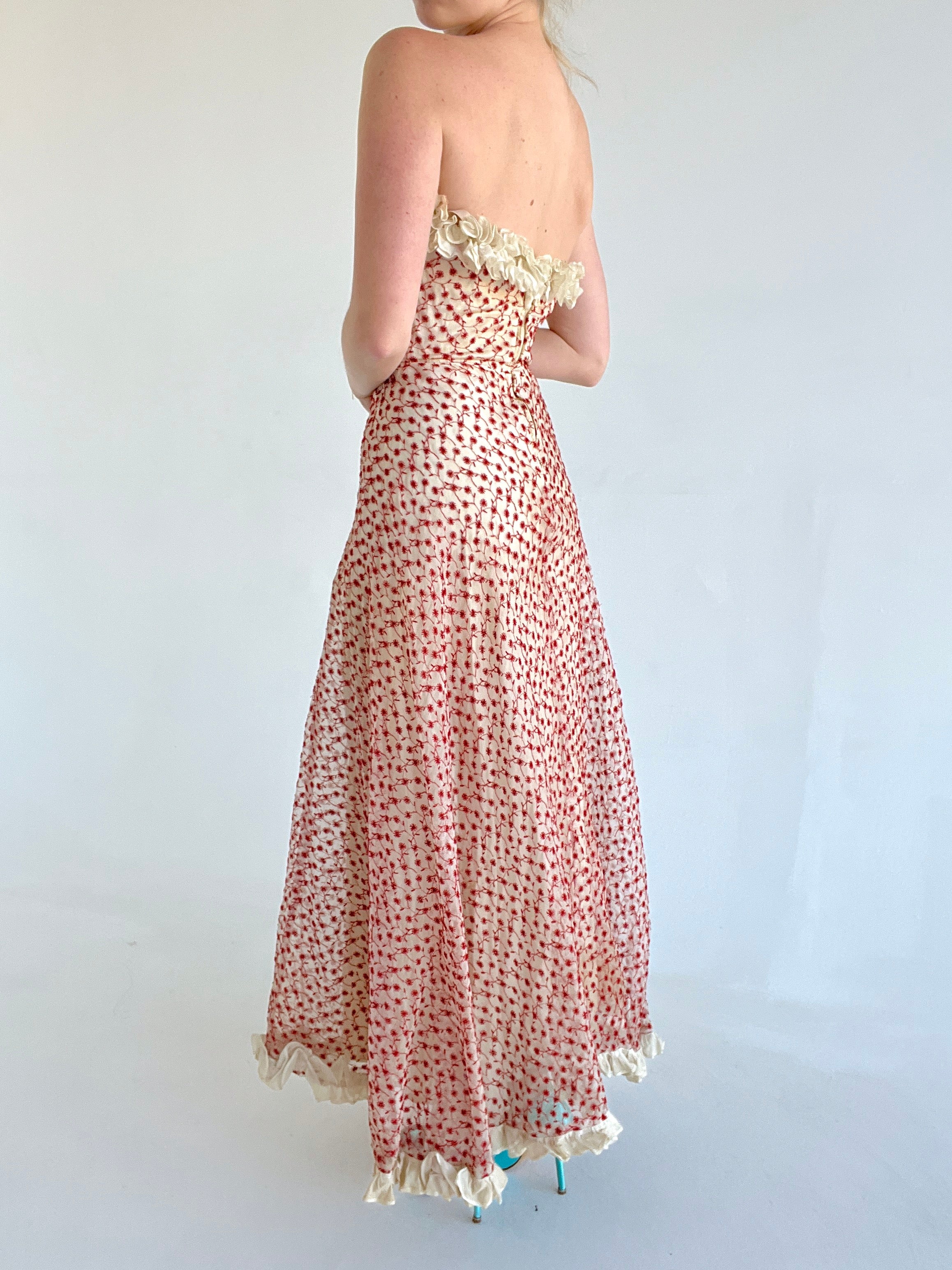 1940's Cream Organza Strapless Gown With Red Floral Embrodiery