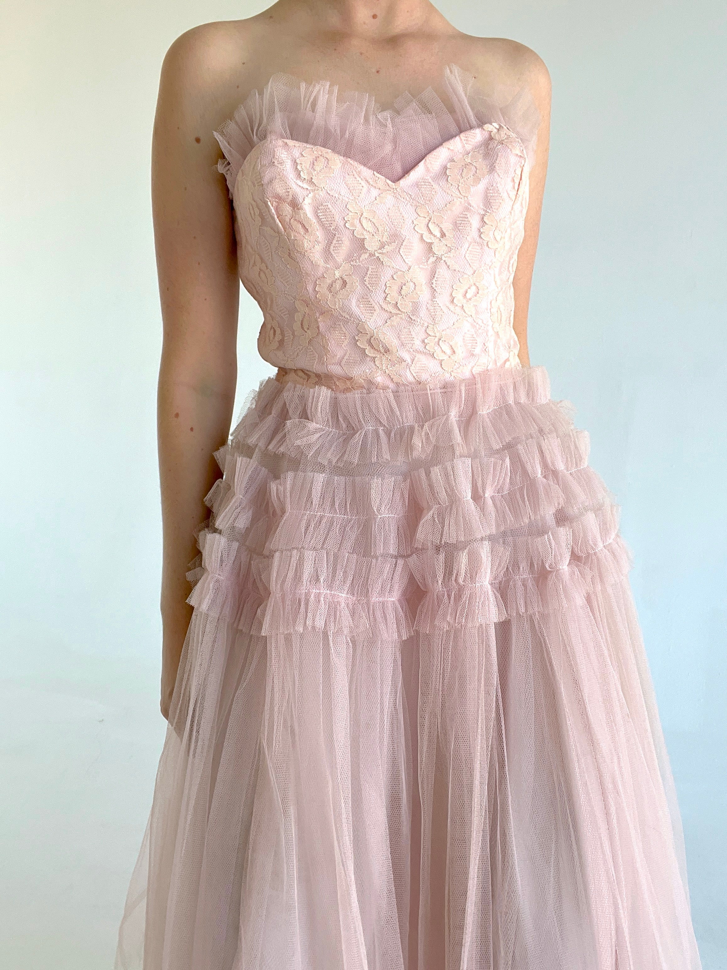 1950's Pink Tulle Strapless Party Dress