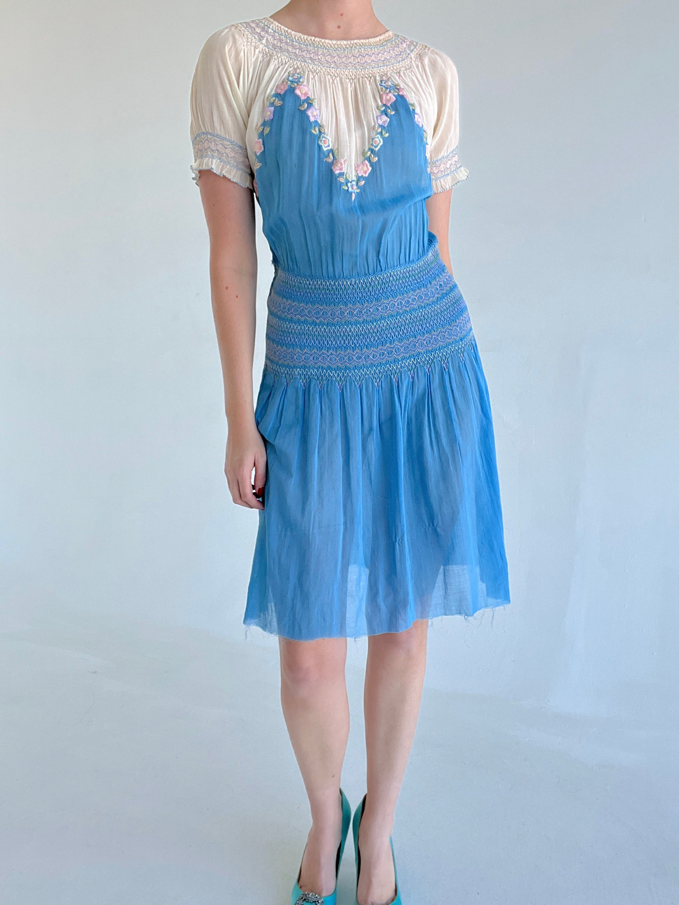 1940's Hungarian Blue Embroidered Cotton Dress