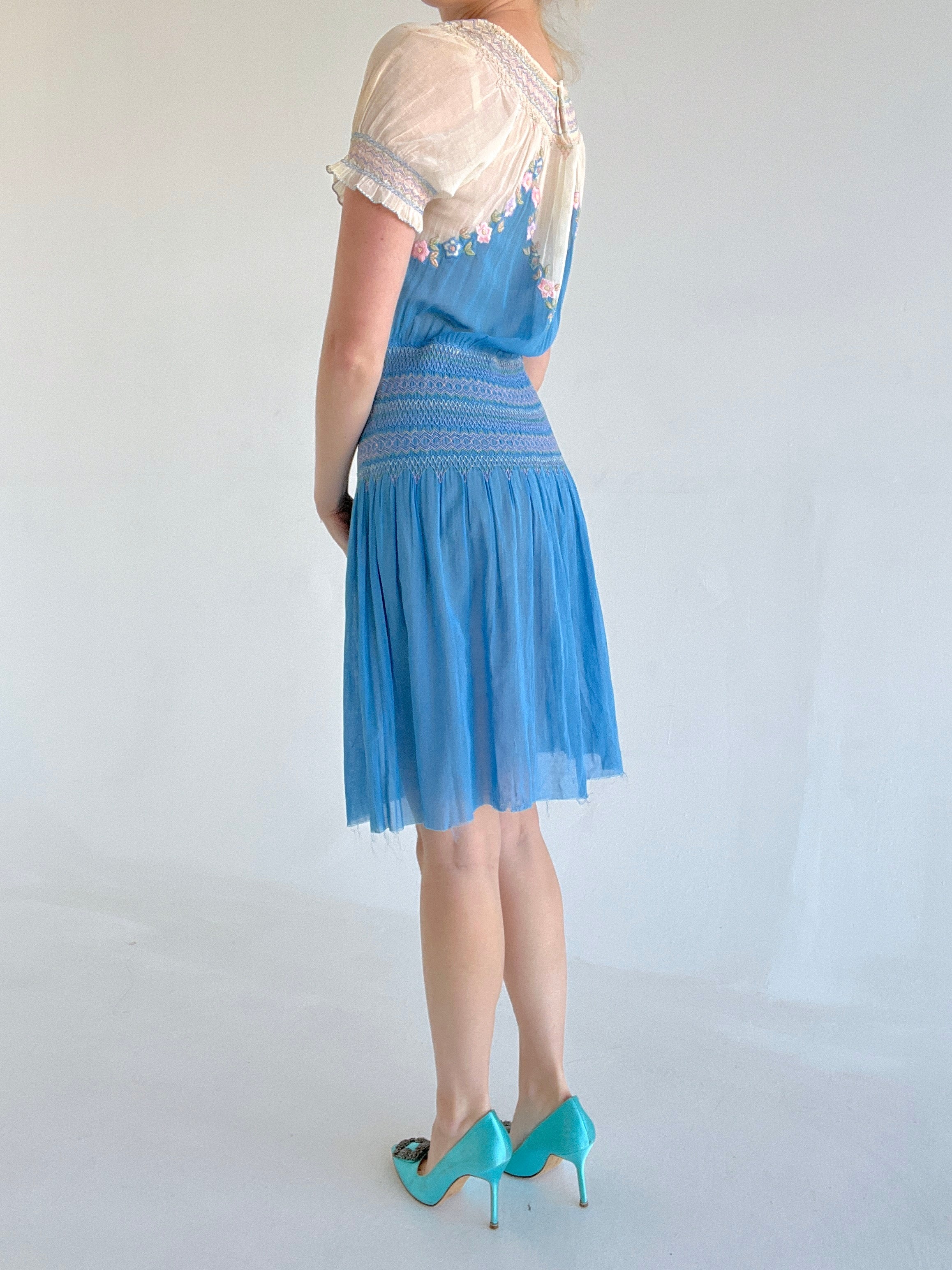 1940's Hungarian Blue Embroidered Cotton Dress