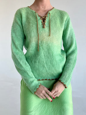 Green Knit Sweater with Brown Trim