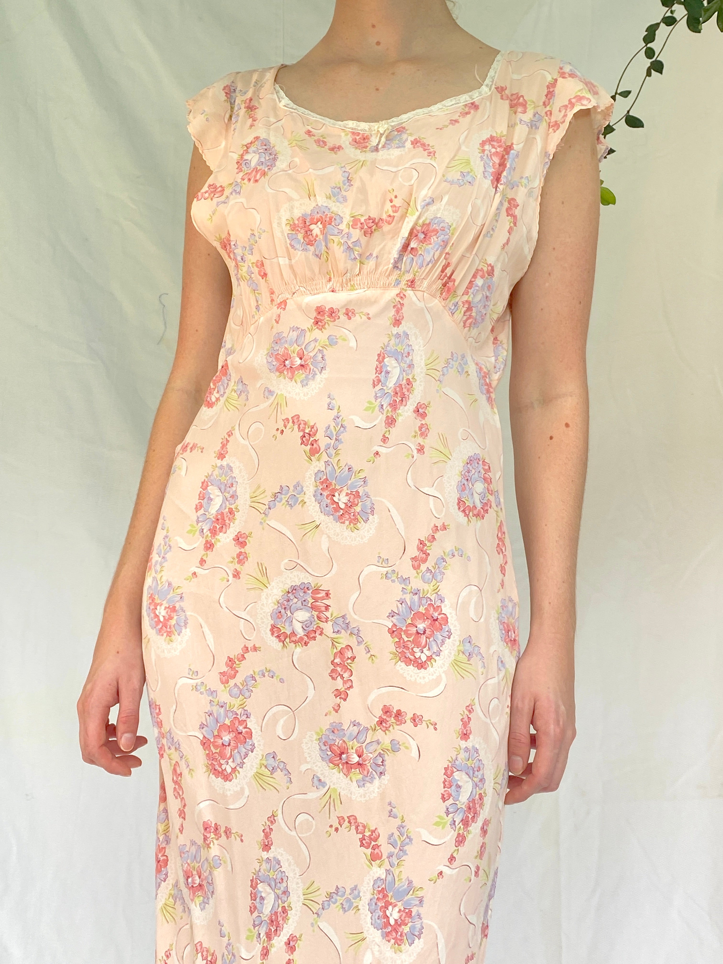 Pink Slip With Blue and Pink Floral Print and Cap Sleeve