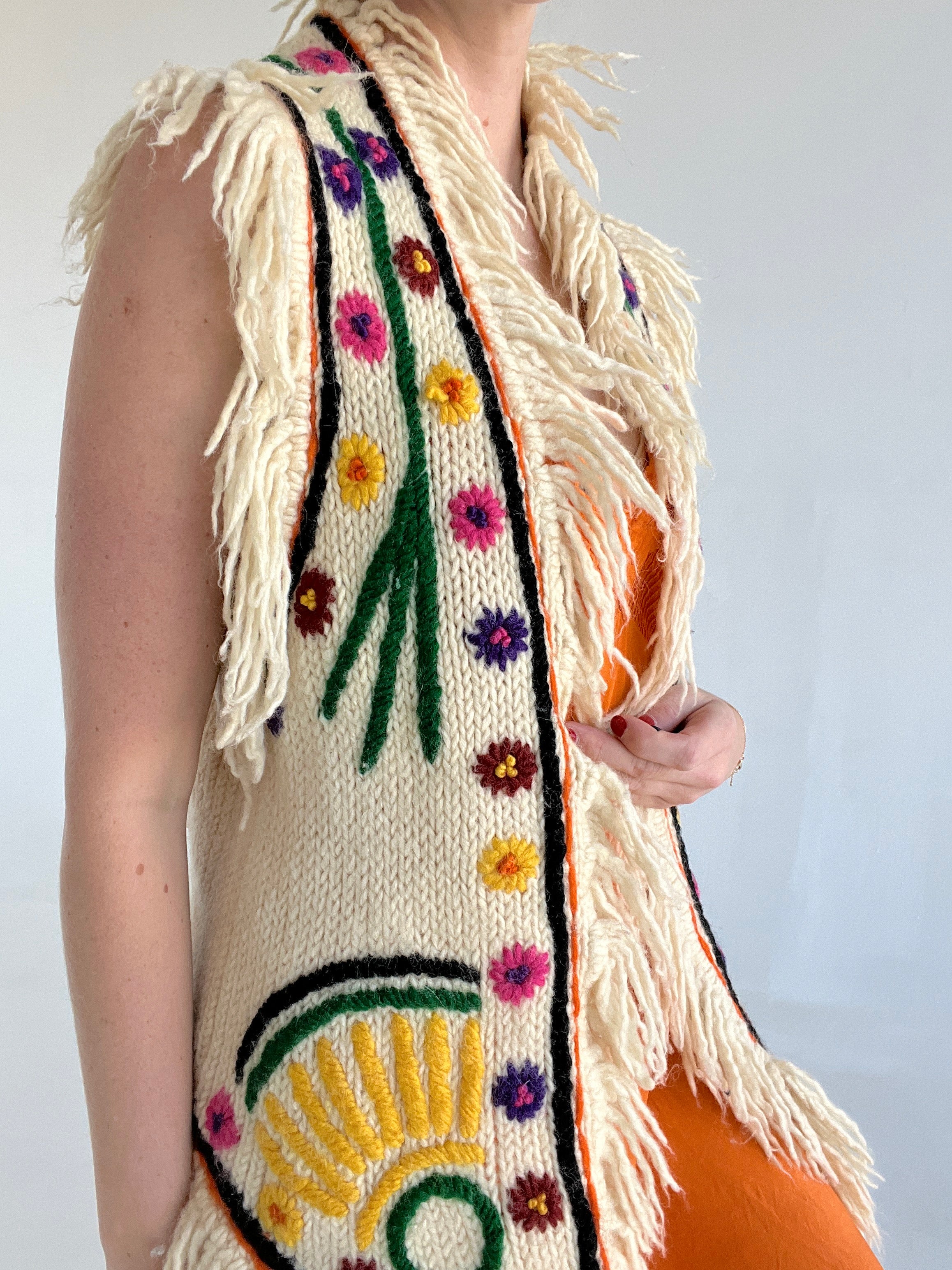 Cream Knit Vest With Floral Embroidery and Fringe