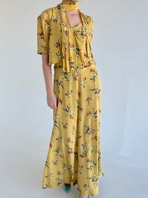 1930's Fall Yellow Floral Print Dress Set