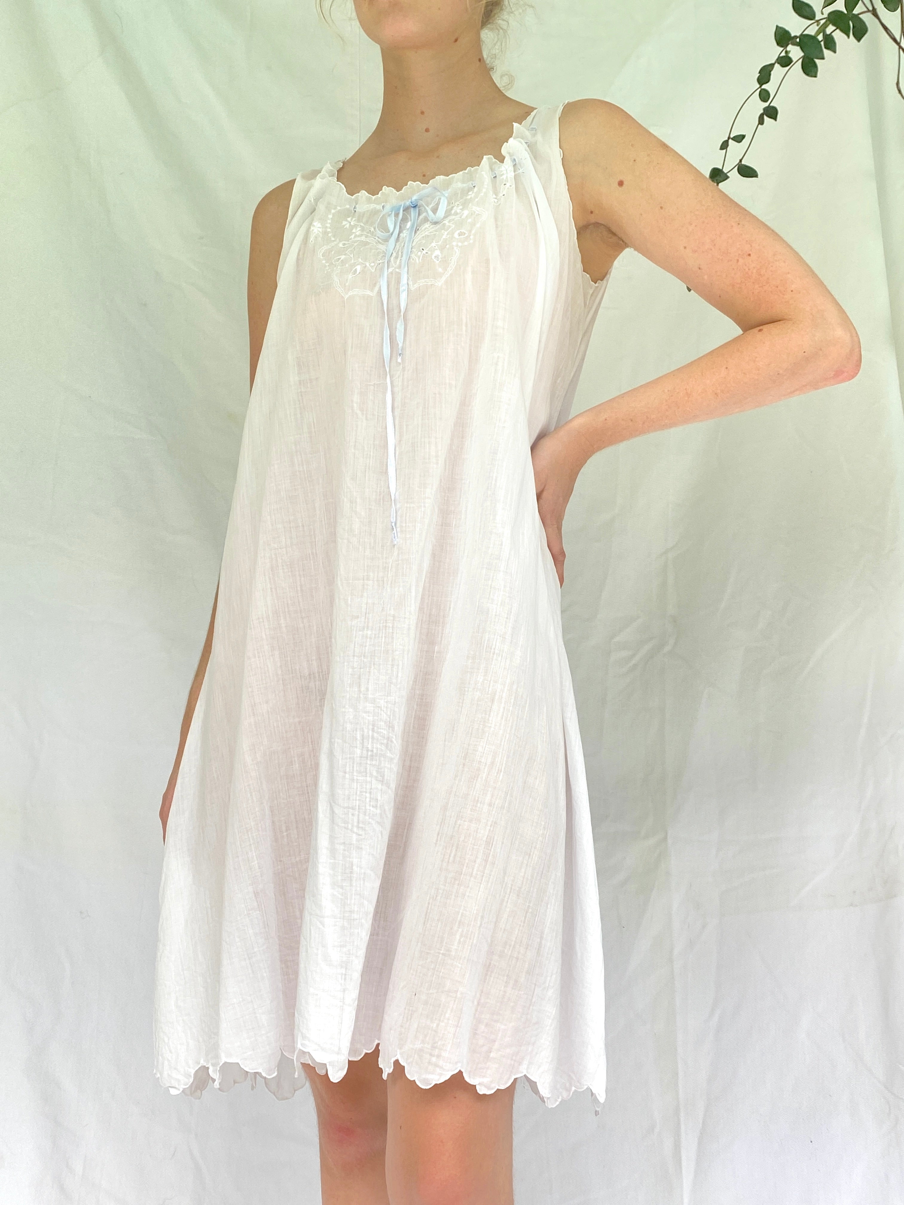 White Cotton Victorian Slip with Baby Blue Ribbon