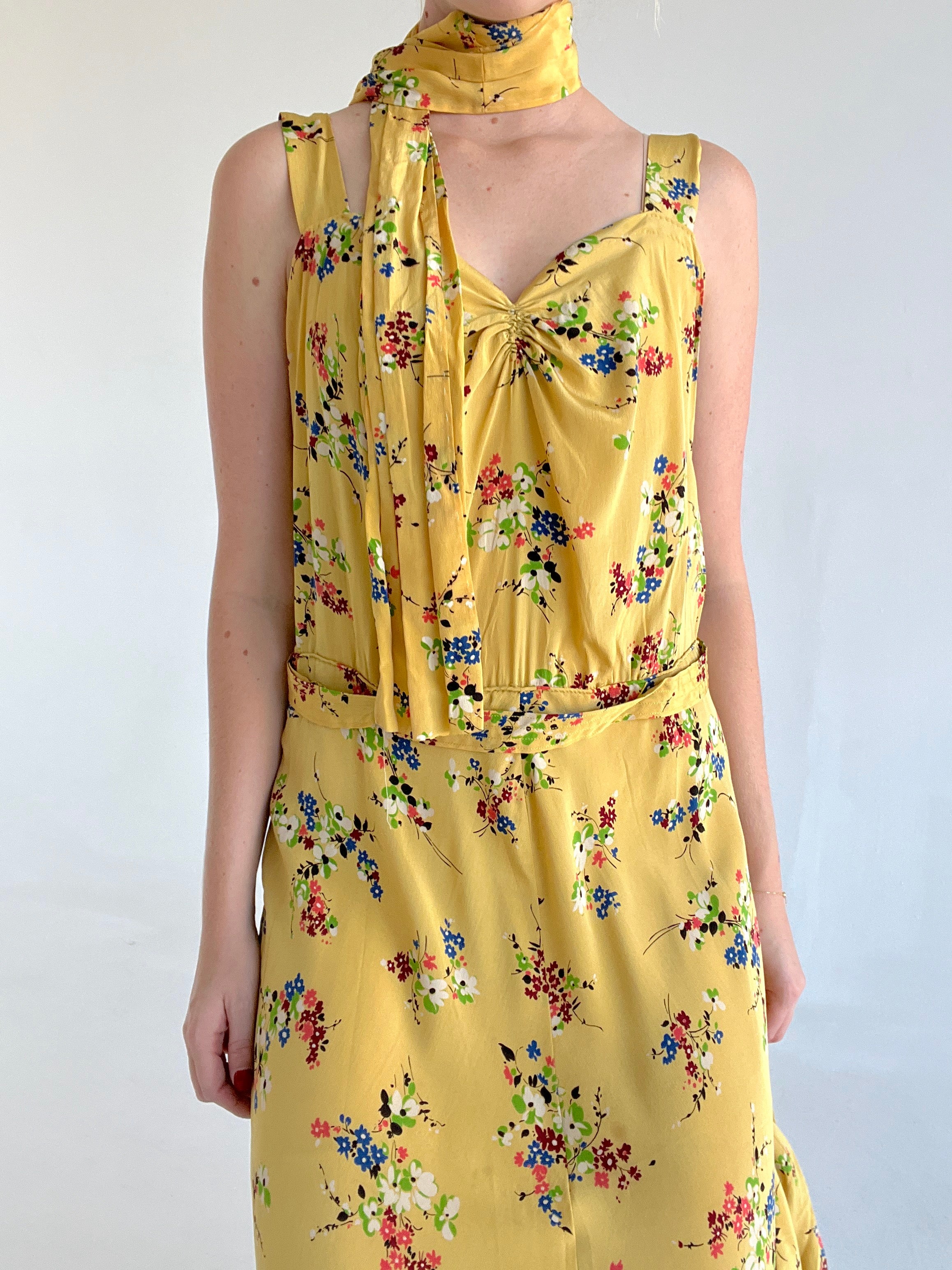 1930's Fall Yellow Floral Print Dress Set