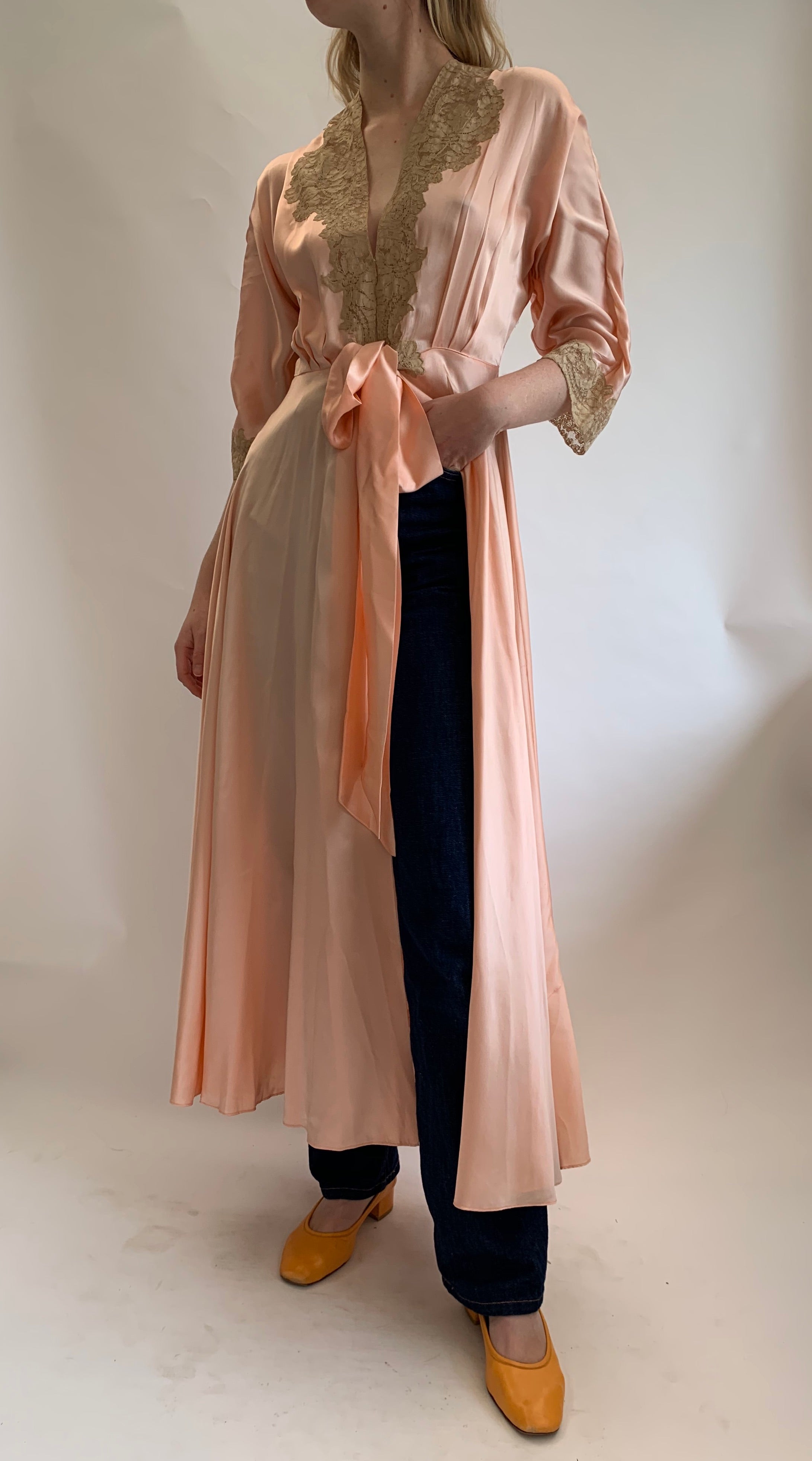 Peach Pink Silk Robe with Lace