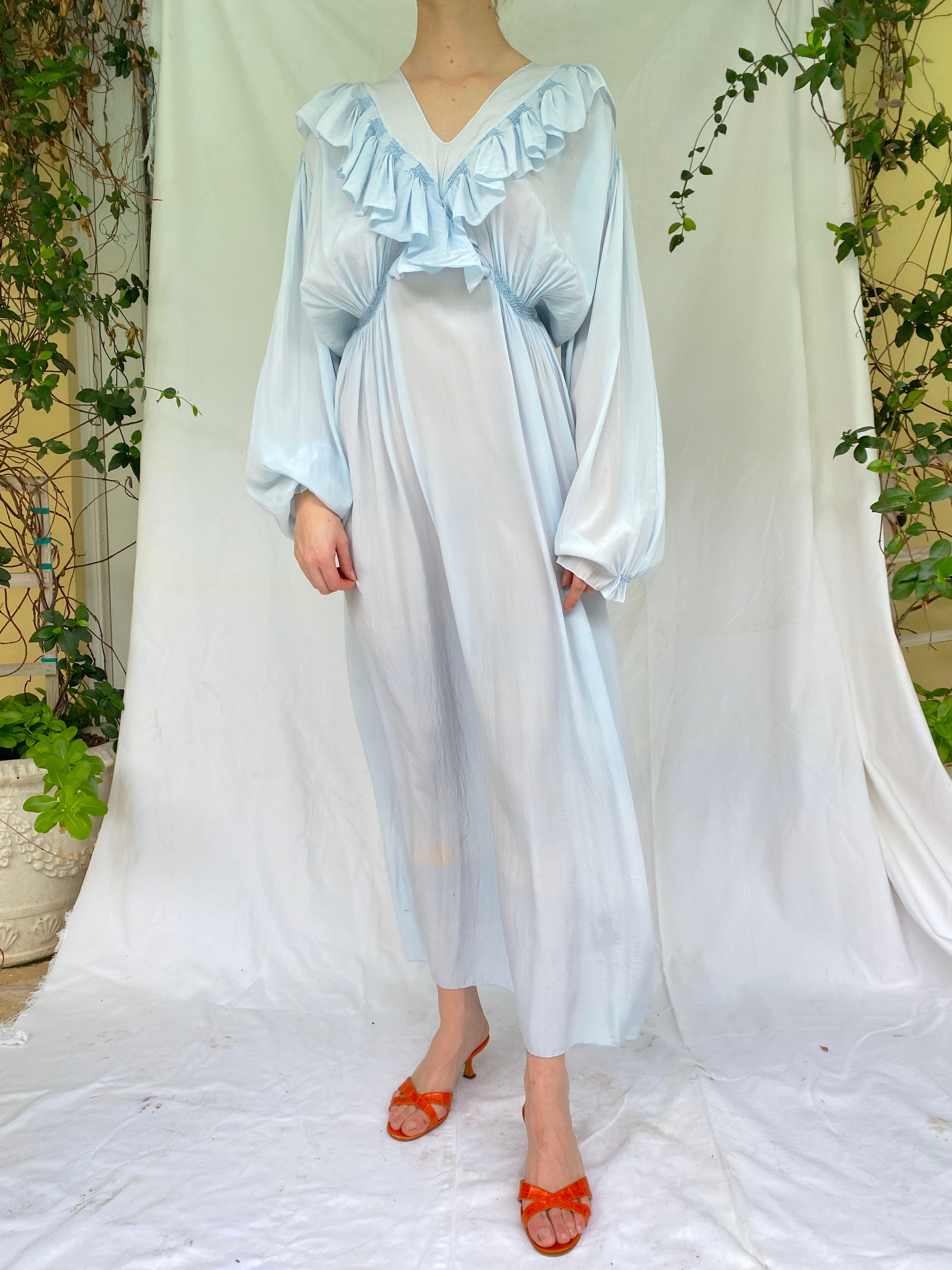 Baby Blue Long Sleeve Silk Dress With Ruffles