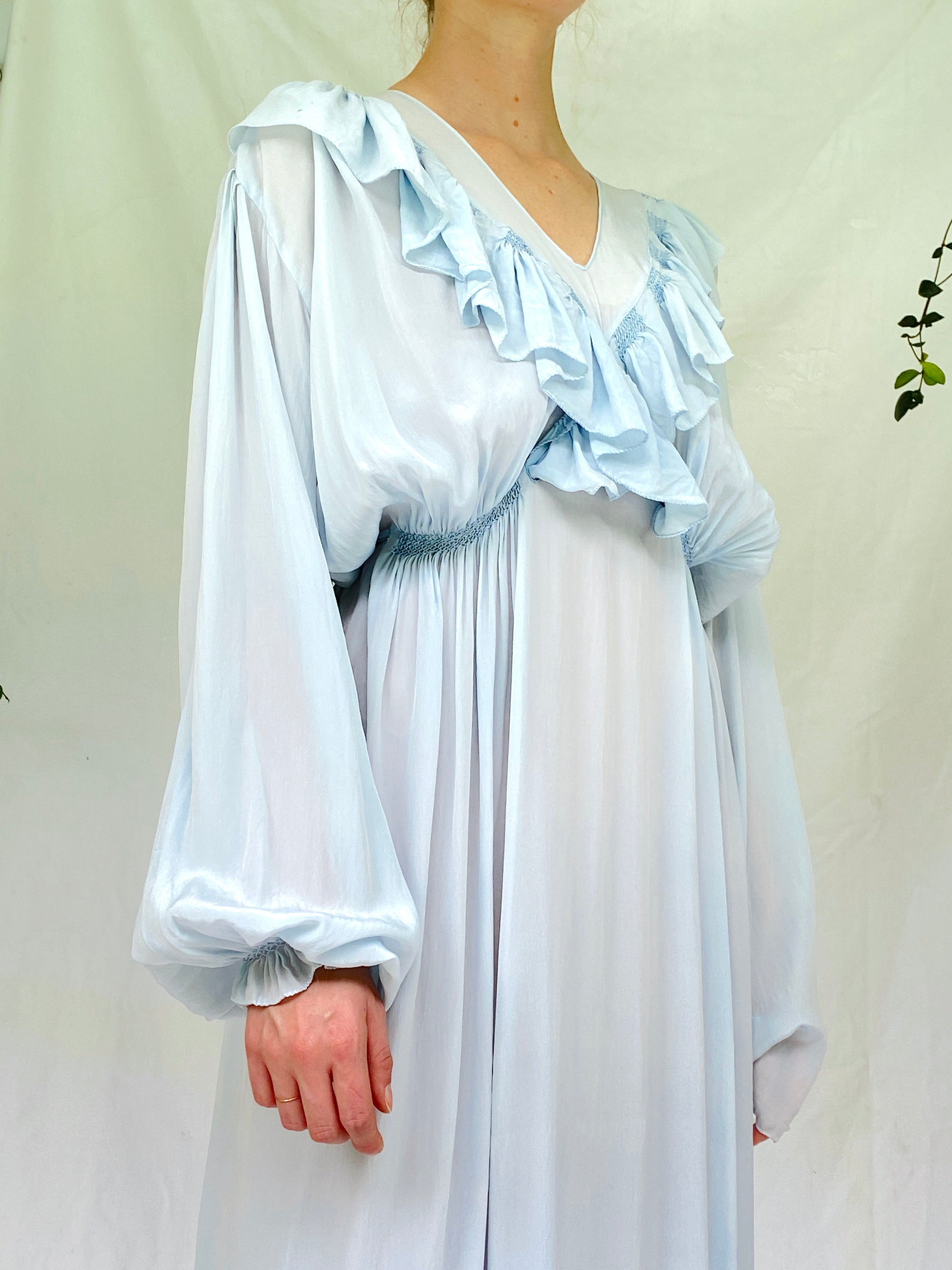 Baby Blue Long Sleeve Silk Dress With Ruffles
