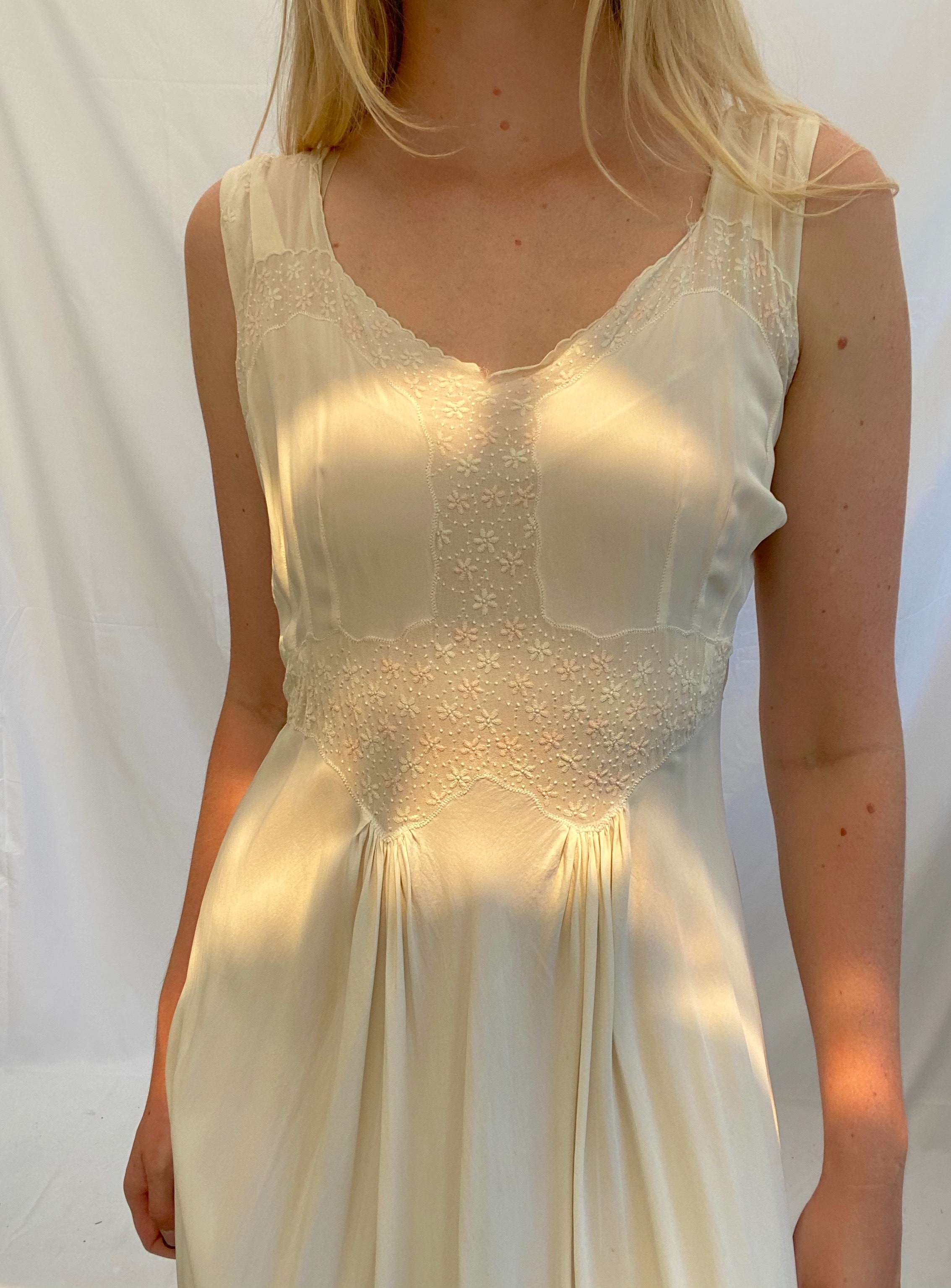 Cream Silk Dress with Delicate Floral Embroidery