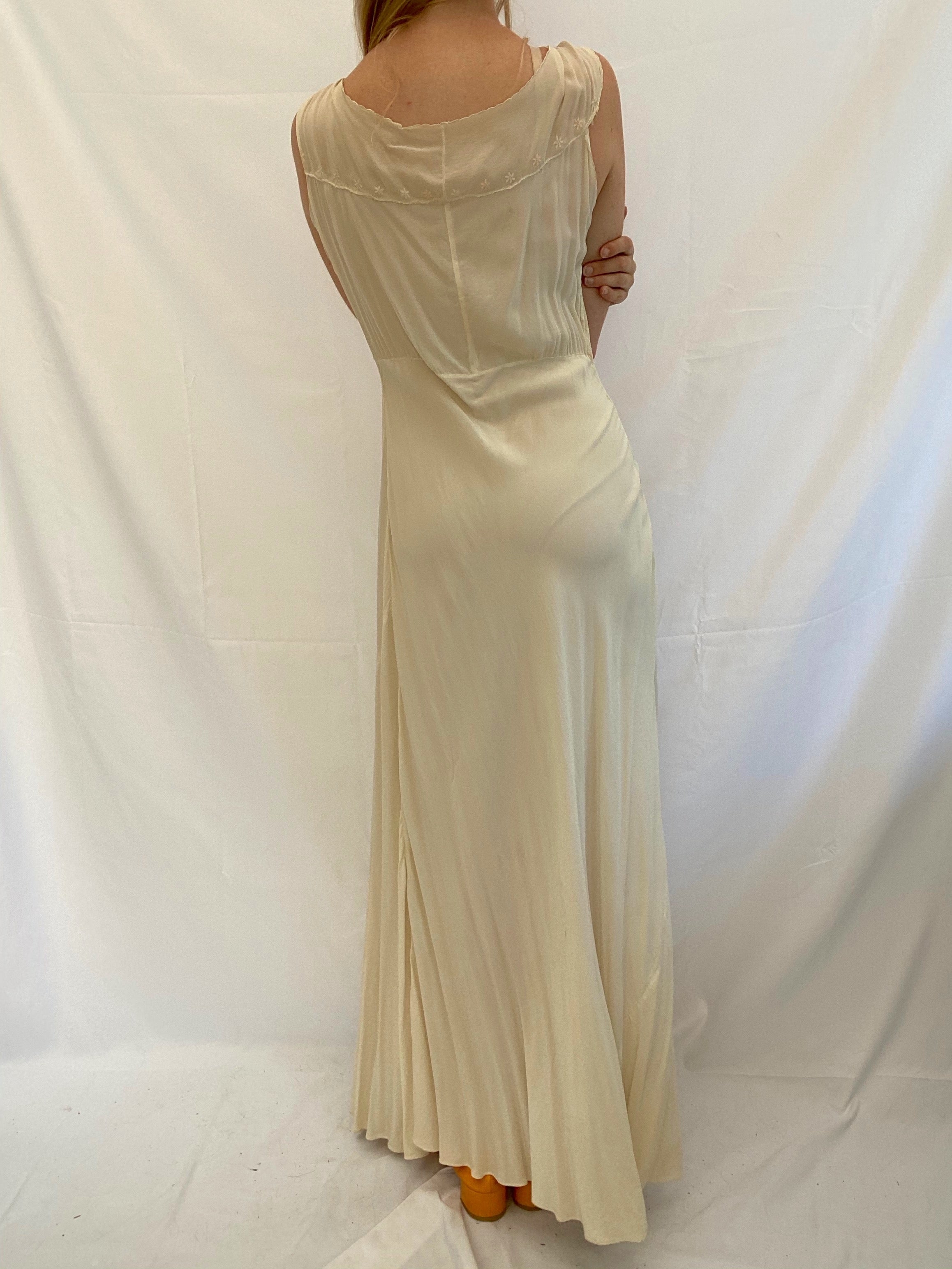 Cream Silk Dress with Delicate Floral Embroidery