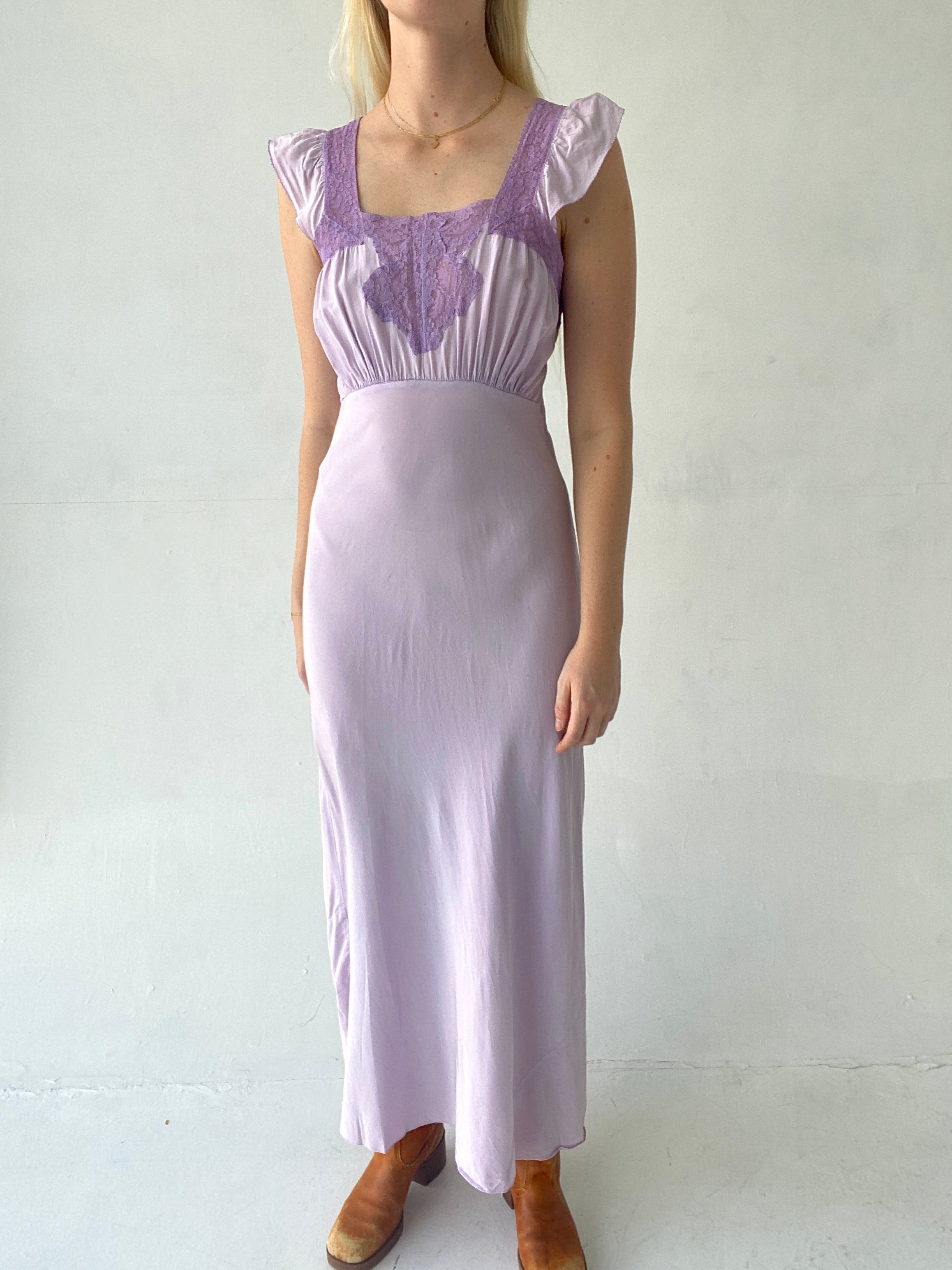 Hand Dyed Saie Lilac Slip with Lace and Ruffle Sleeve