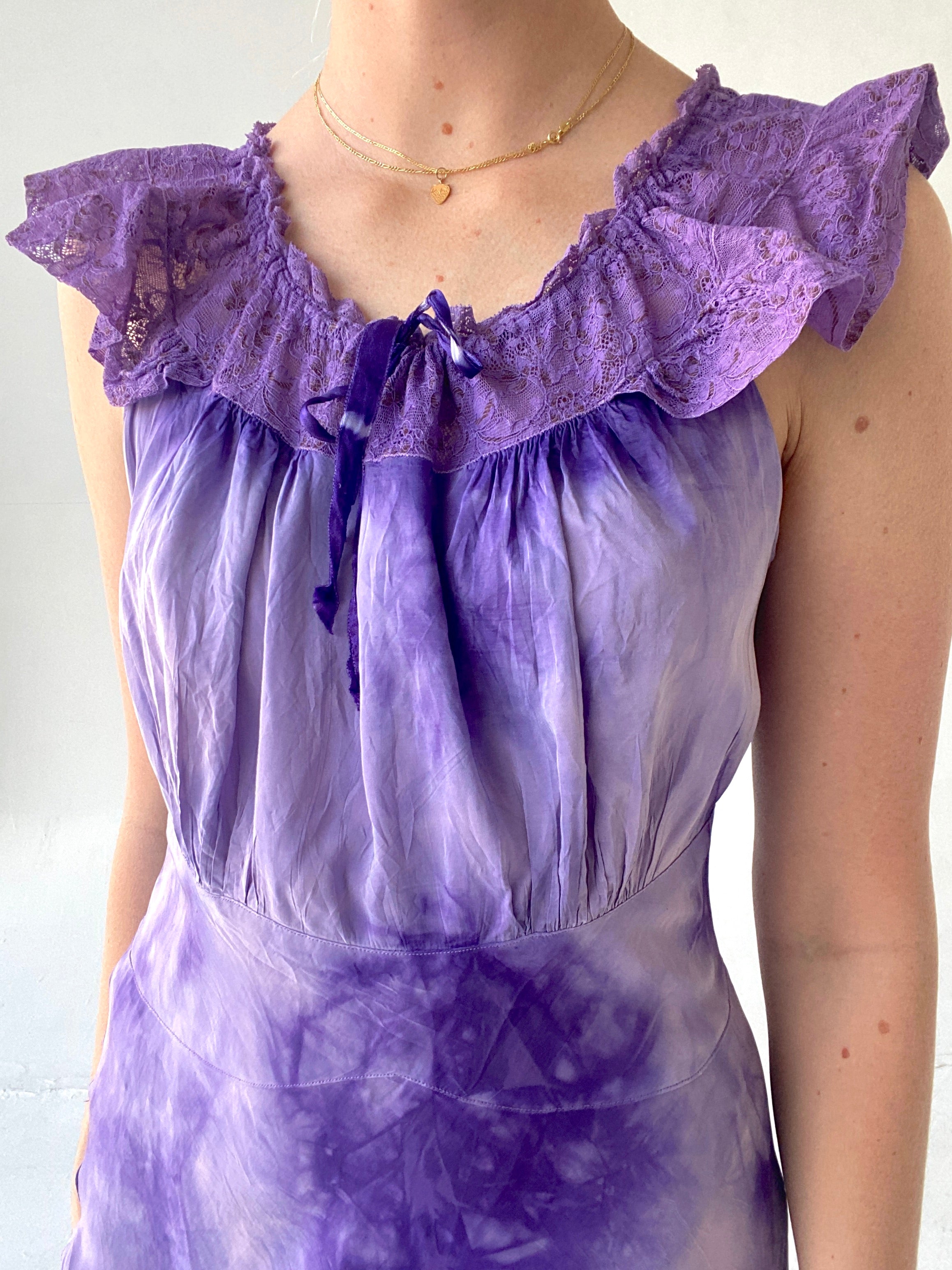 Hand Dyed Purple Tie Dye Saie Slip with Ruffle Collar