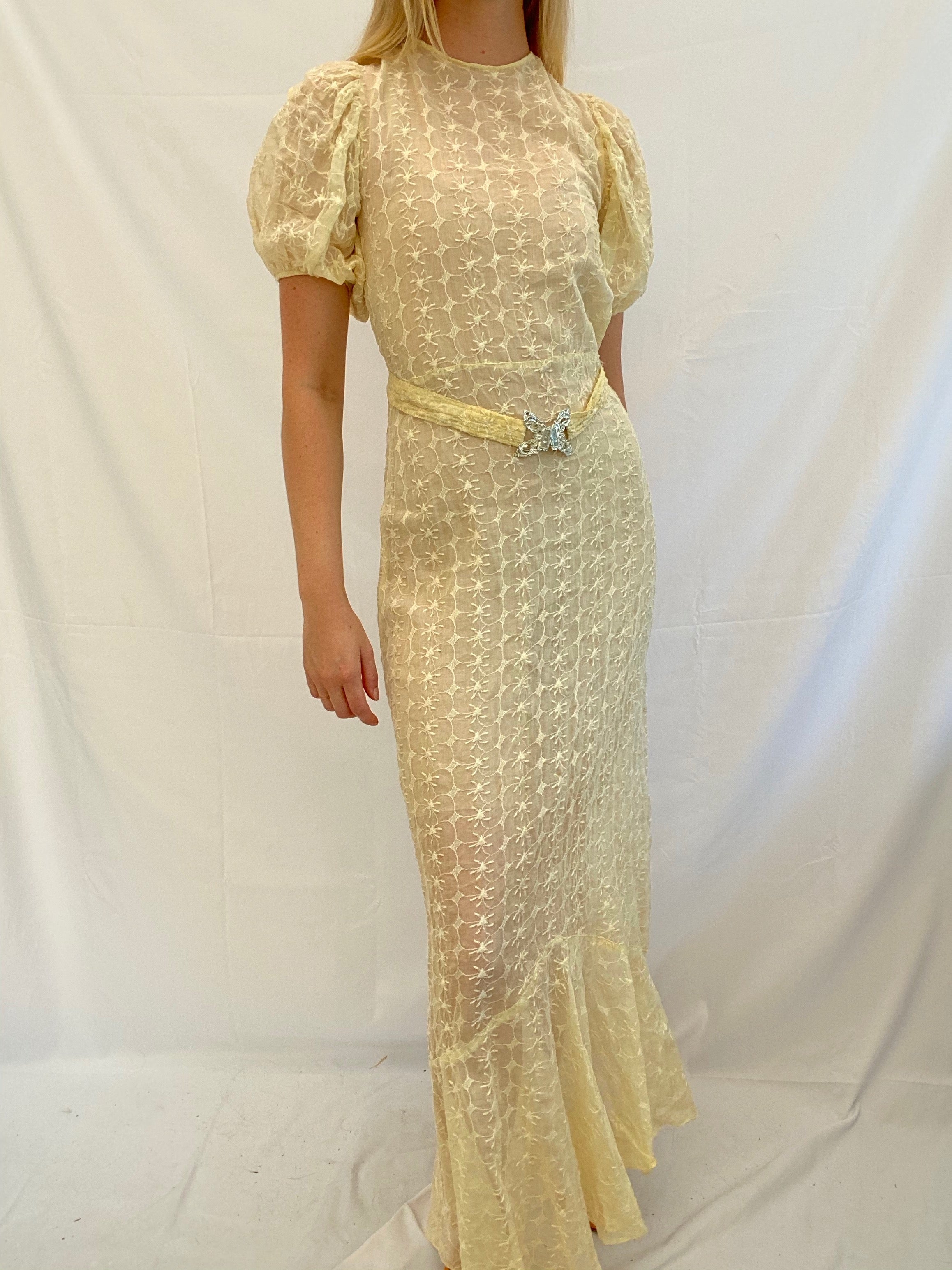 Yellow Cotton Organza Dress with Puffed Sleeves
