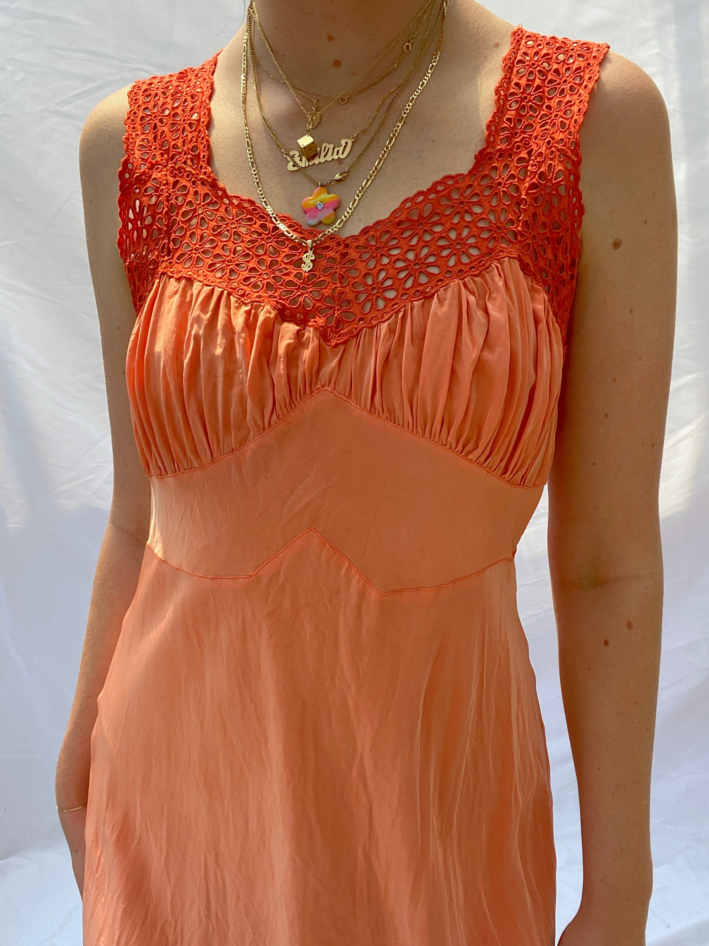 Hand Dyed Strawberry Slip with Eyelet Lace