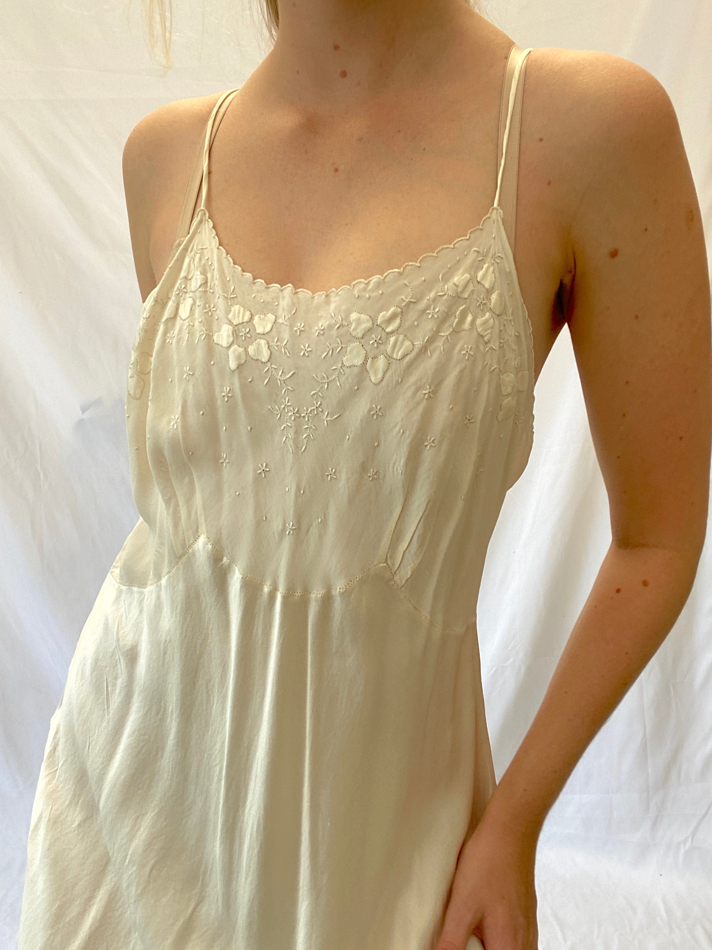 White Silk Slip With Delicate Floral Embroidery