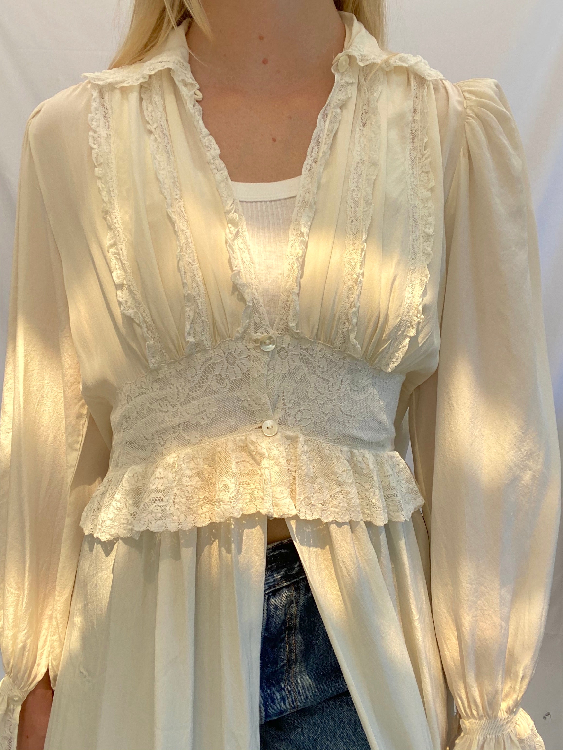 Cream and White Lace Silk Robe