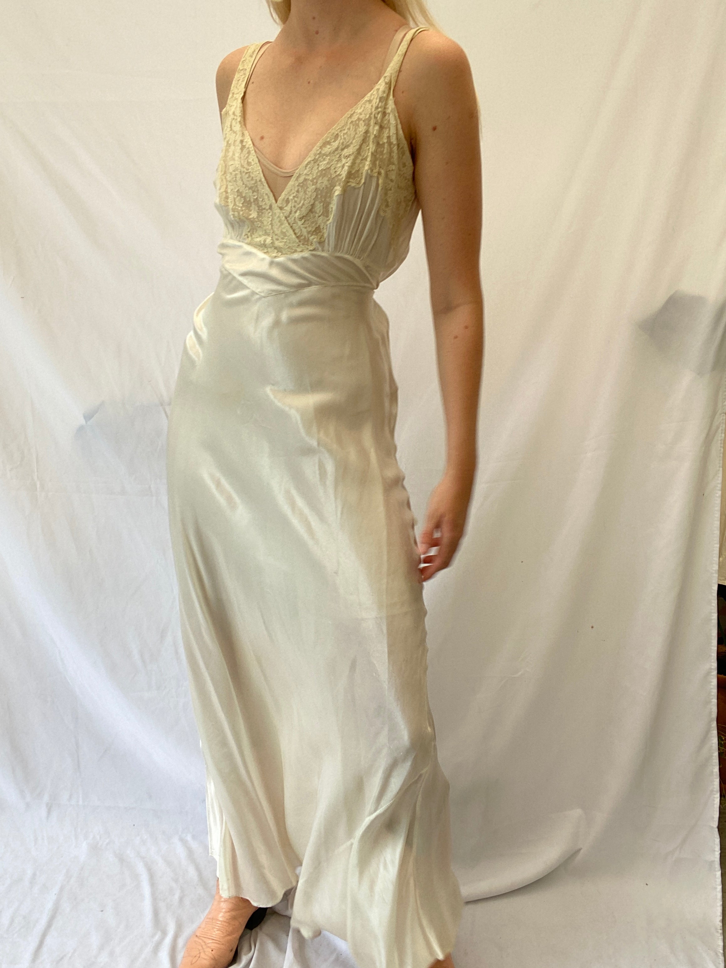 White Silk Slip with Cream Lace and Chiffon Bust