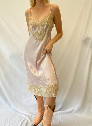 Lilac Silk Slip with Embroidery and Cream Lace