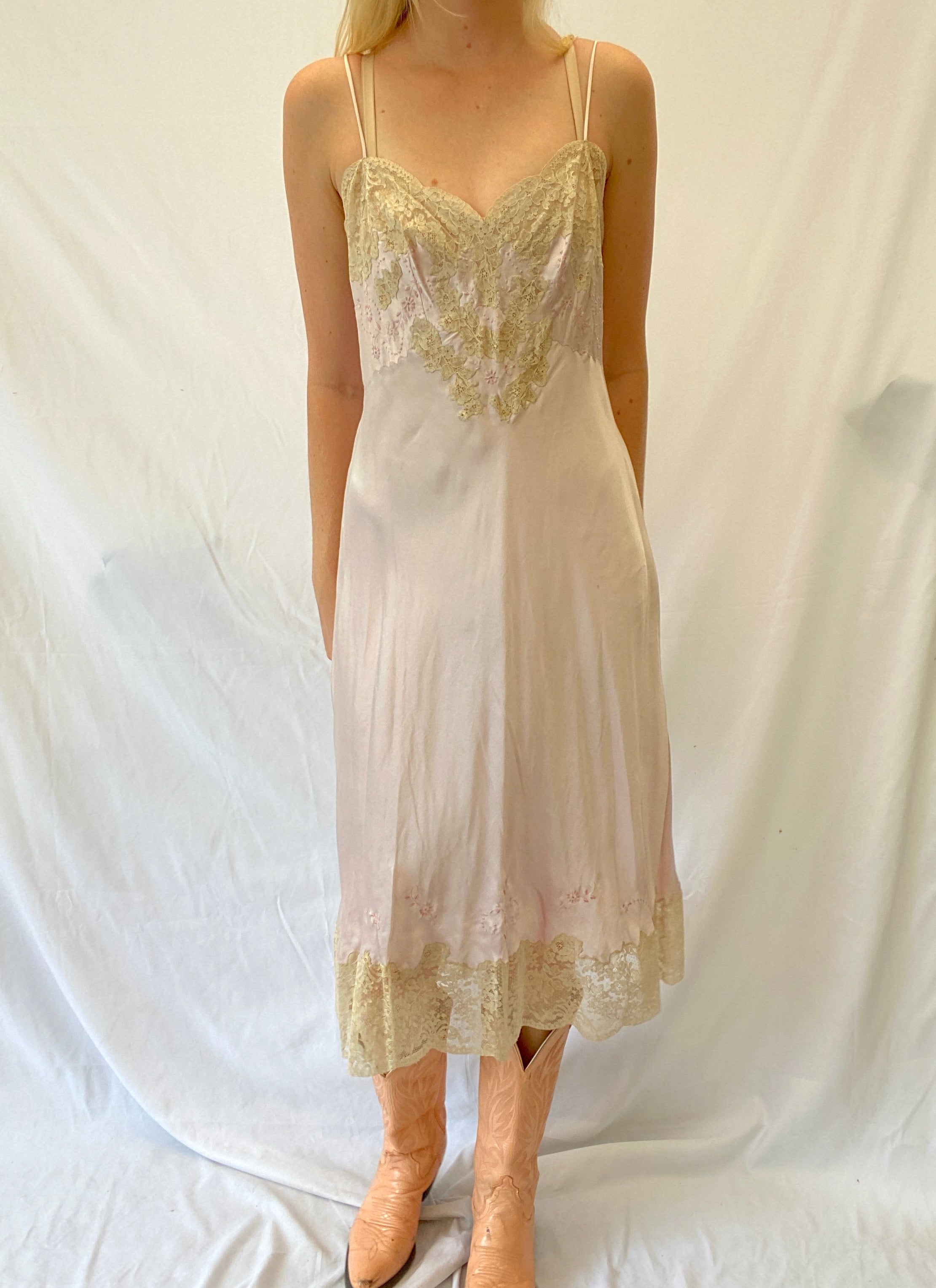 Lilac Silk Slip with Embroidery and Cream Lace