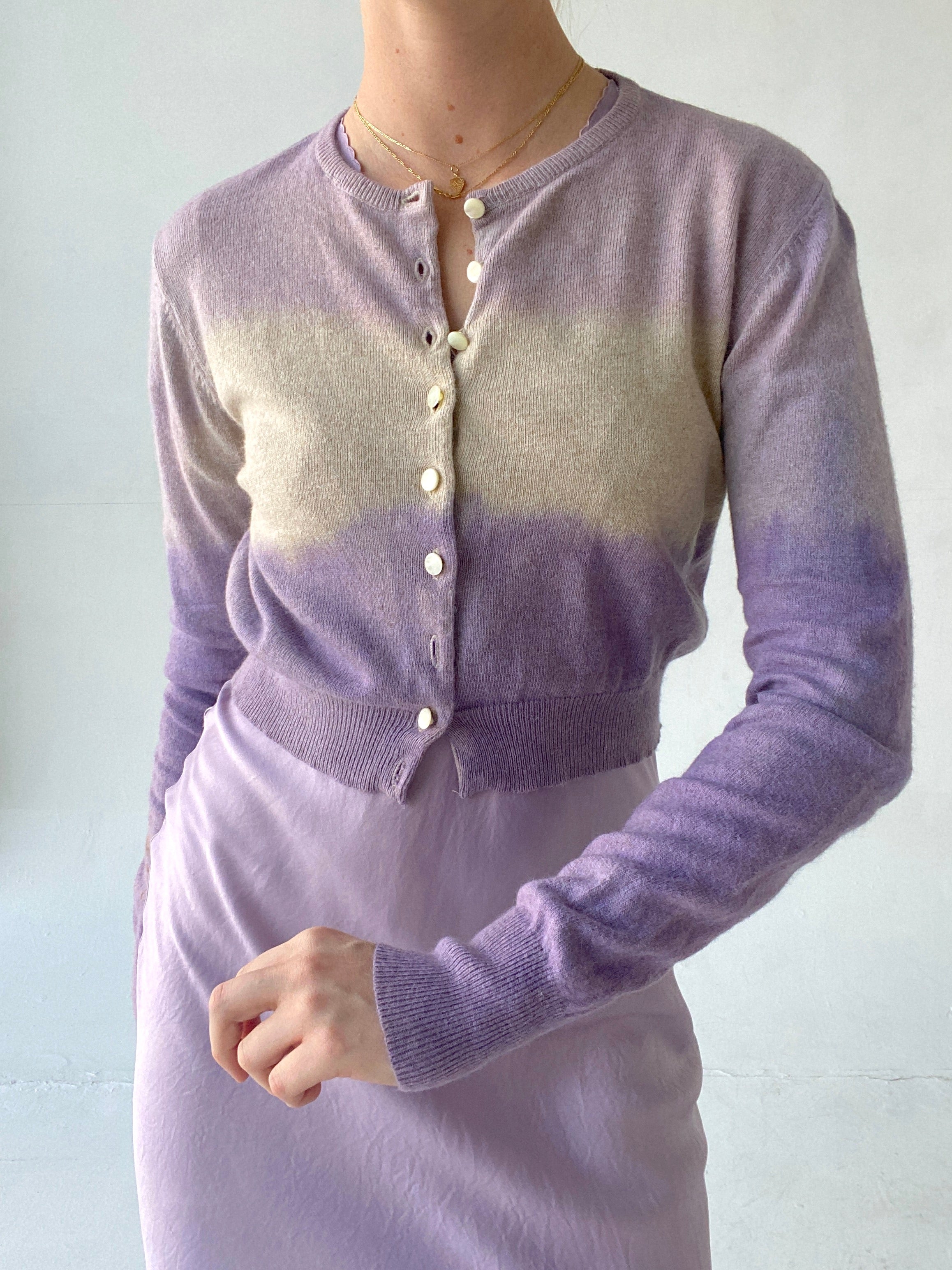 Hand Dyed Saie Lilac and Tan Cashmere Cardigan