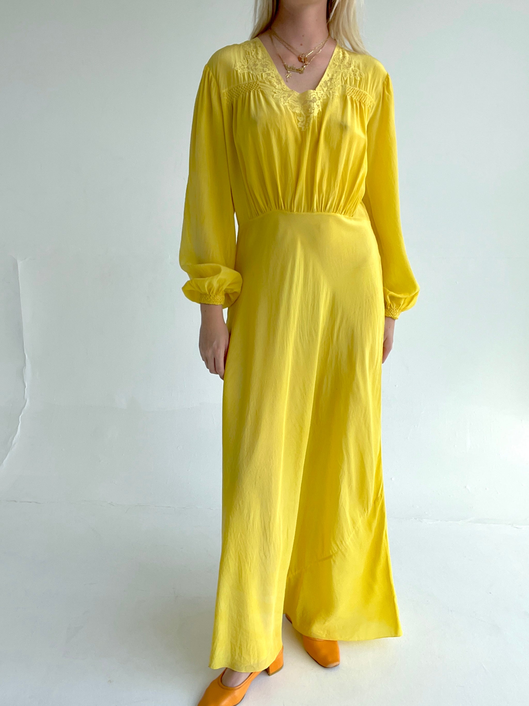 Hand Dyed Lemon Yellow Silk Long Sleeve Dress – Eveliina Vintage