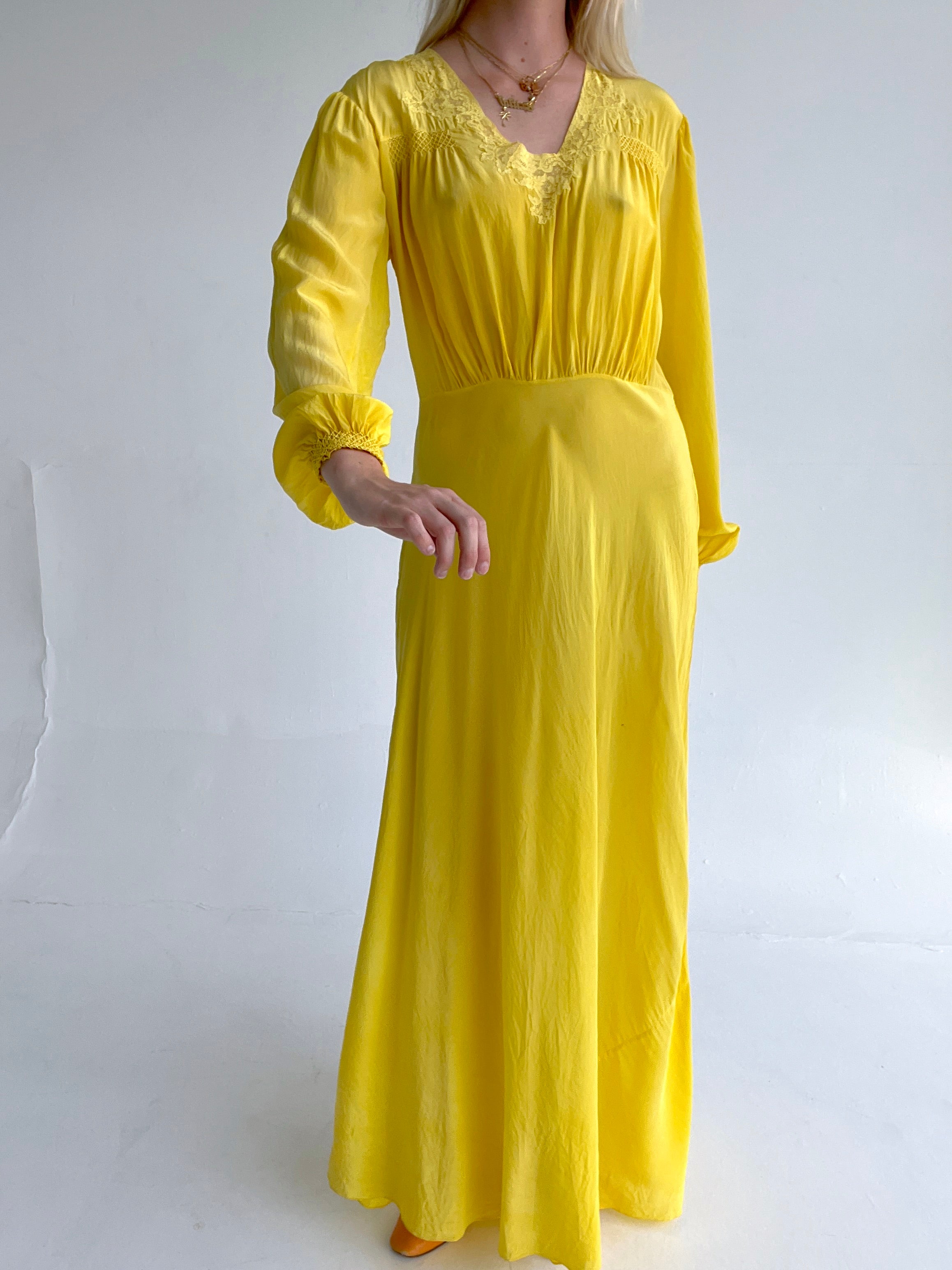 Hand Dyed Lemon Yellow Silk Long Sleeve Dress