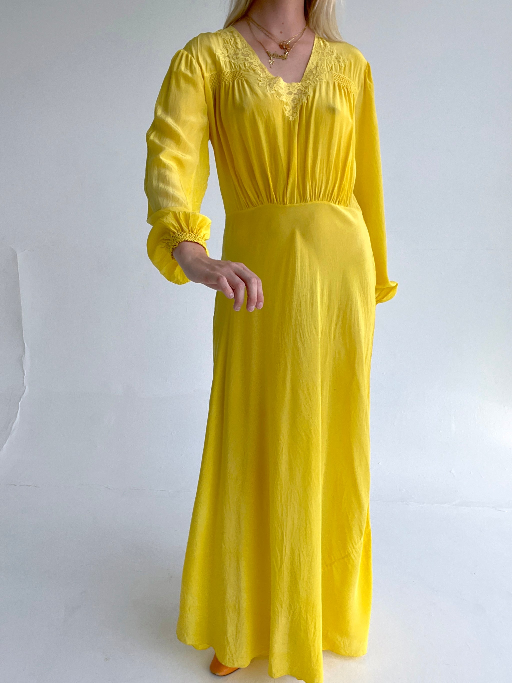 Hand Dyed Lemon Yellow Silk Long Sleeve Dress Eveliina Vintage Hand Dyed Lemon Yellow Silk Long Sleeve Dress Eveliina Vintage