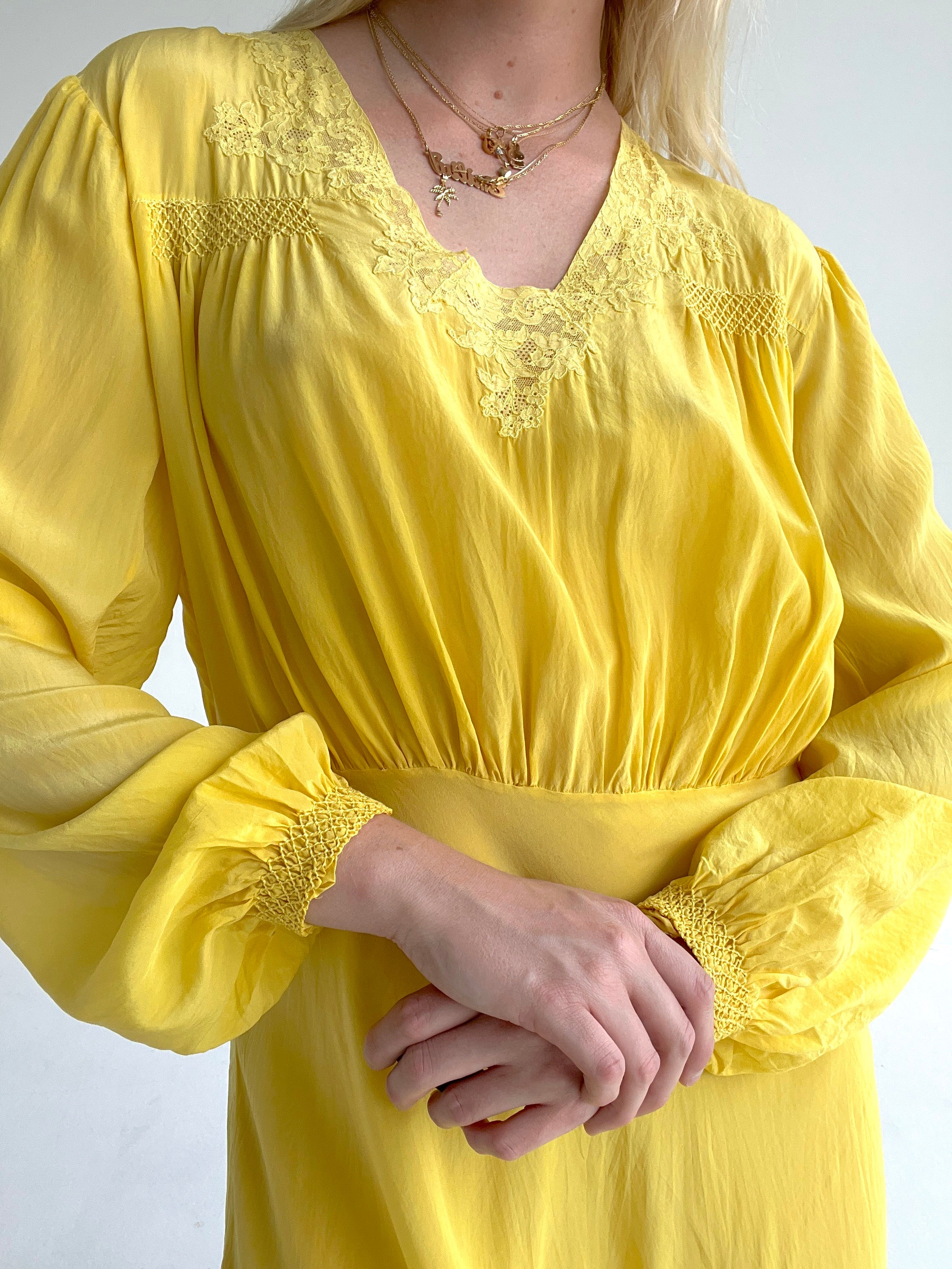 Hand Dyed Lemon Yellow Silk Long Sleeve Dress