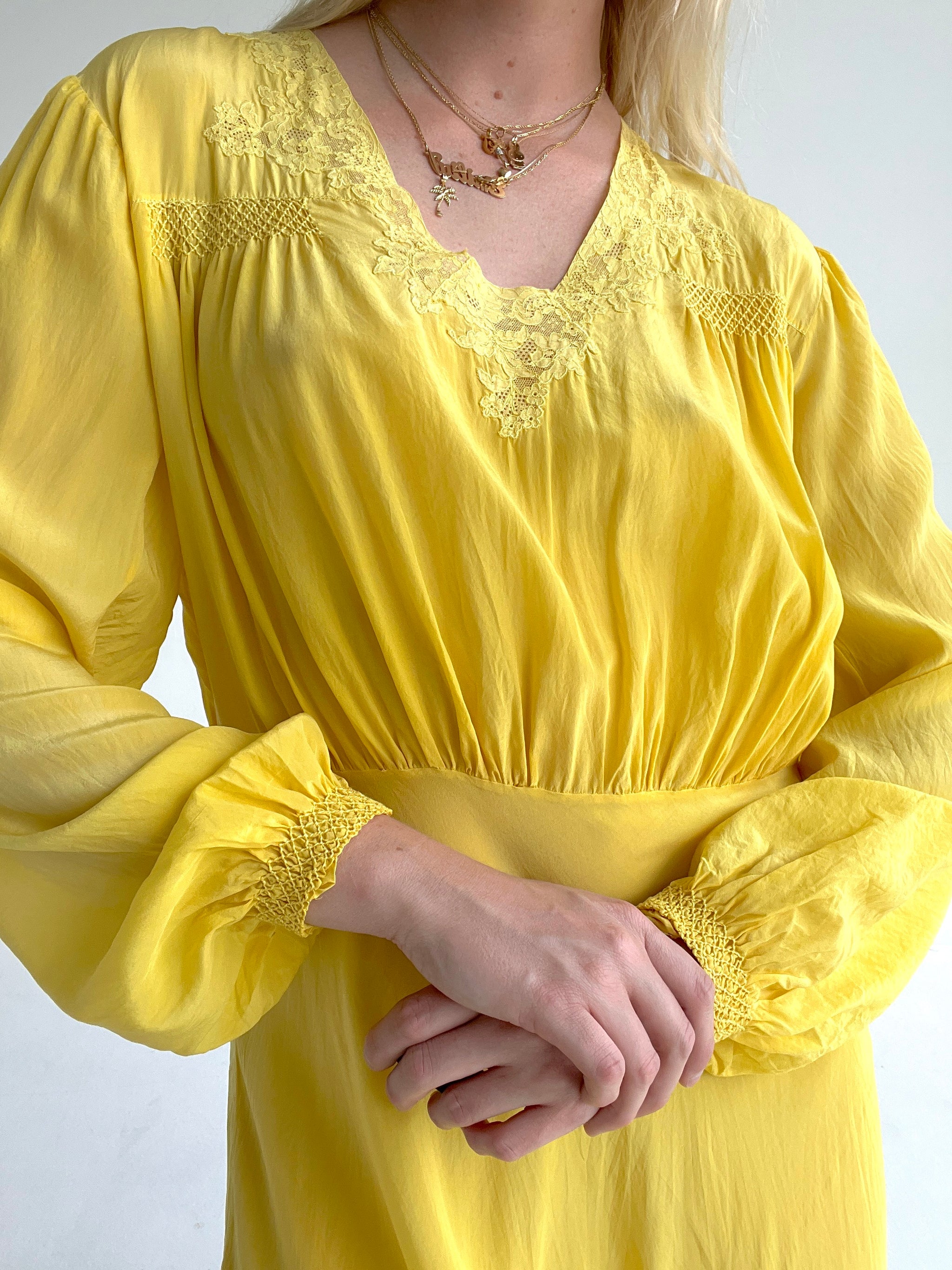 Hand Dyed Lemon Yellow Silk Long Sleeve Dress – Eveliina Vintage