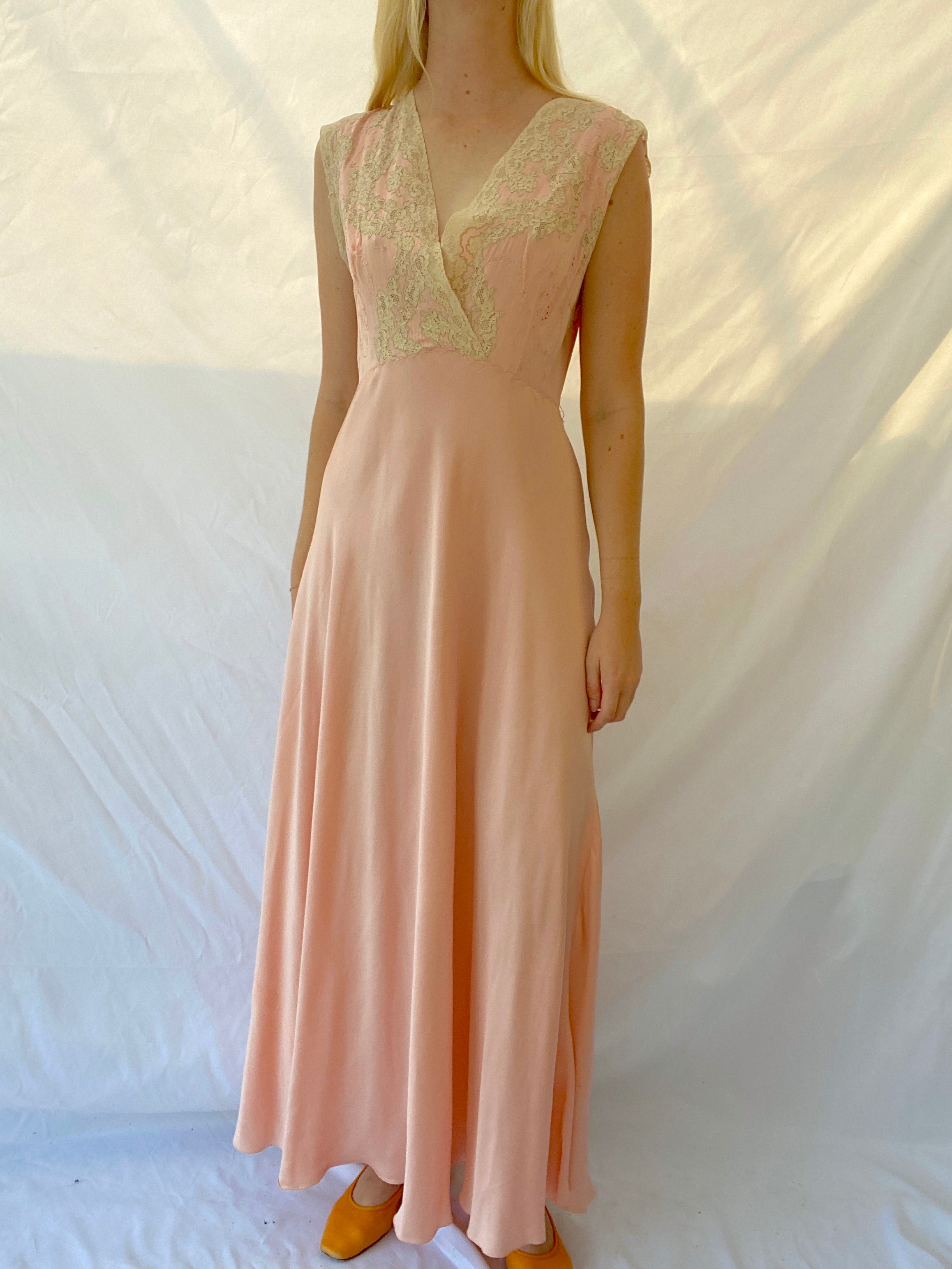 1930's Pink Silk Slip With Hand Done Embroidery and Cream Lace