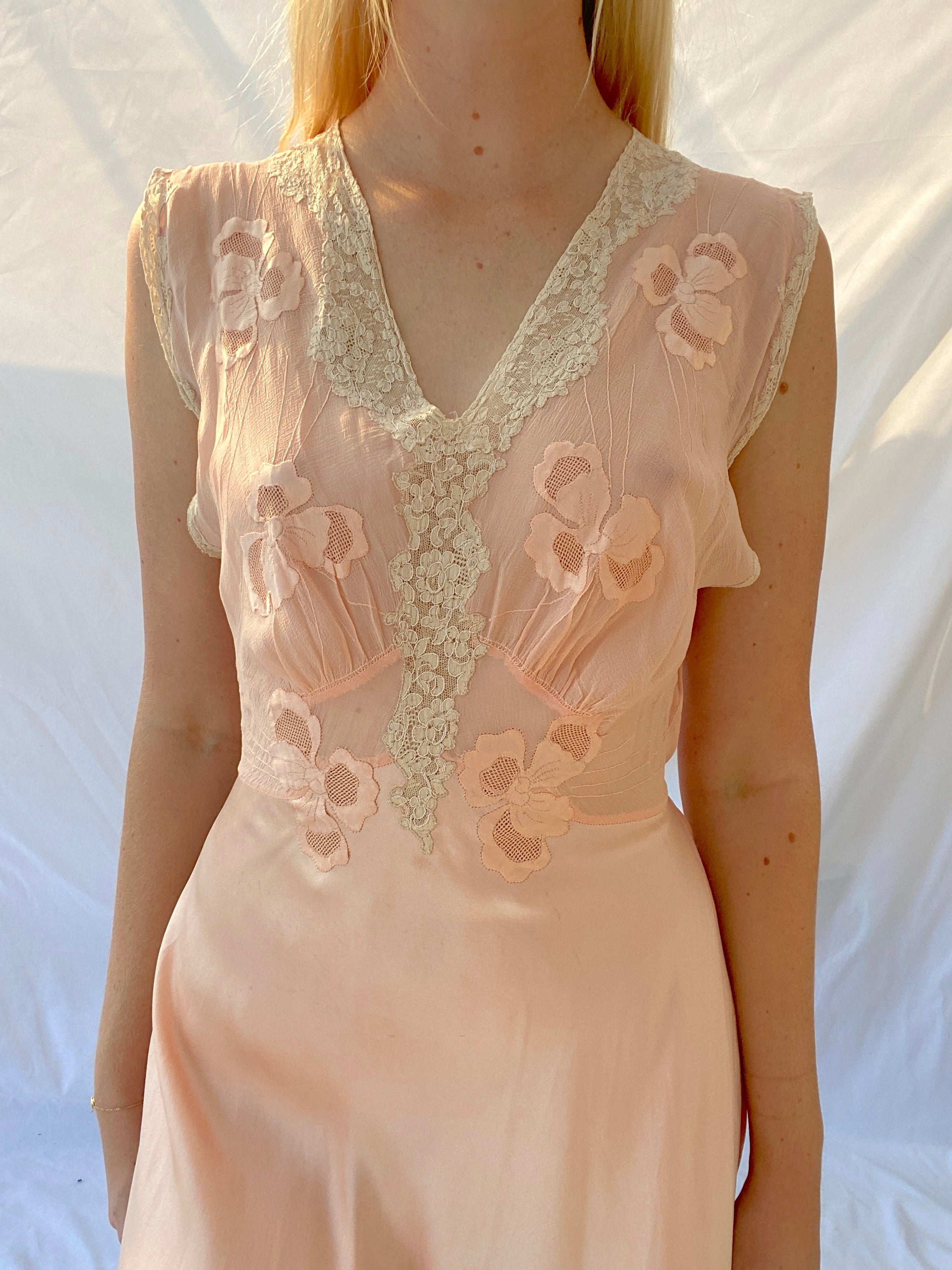 1930's Pink Silk Slip with Pansy Embroidery and Crepe de Chine Bust