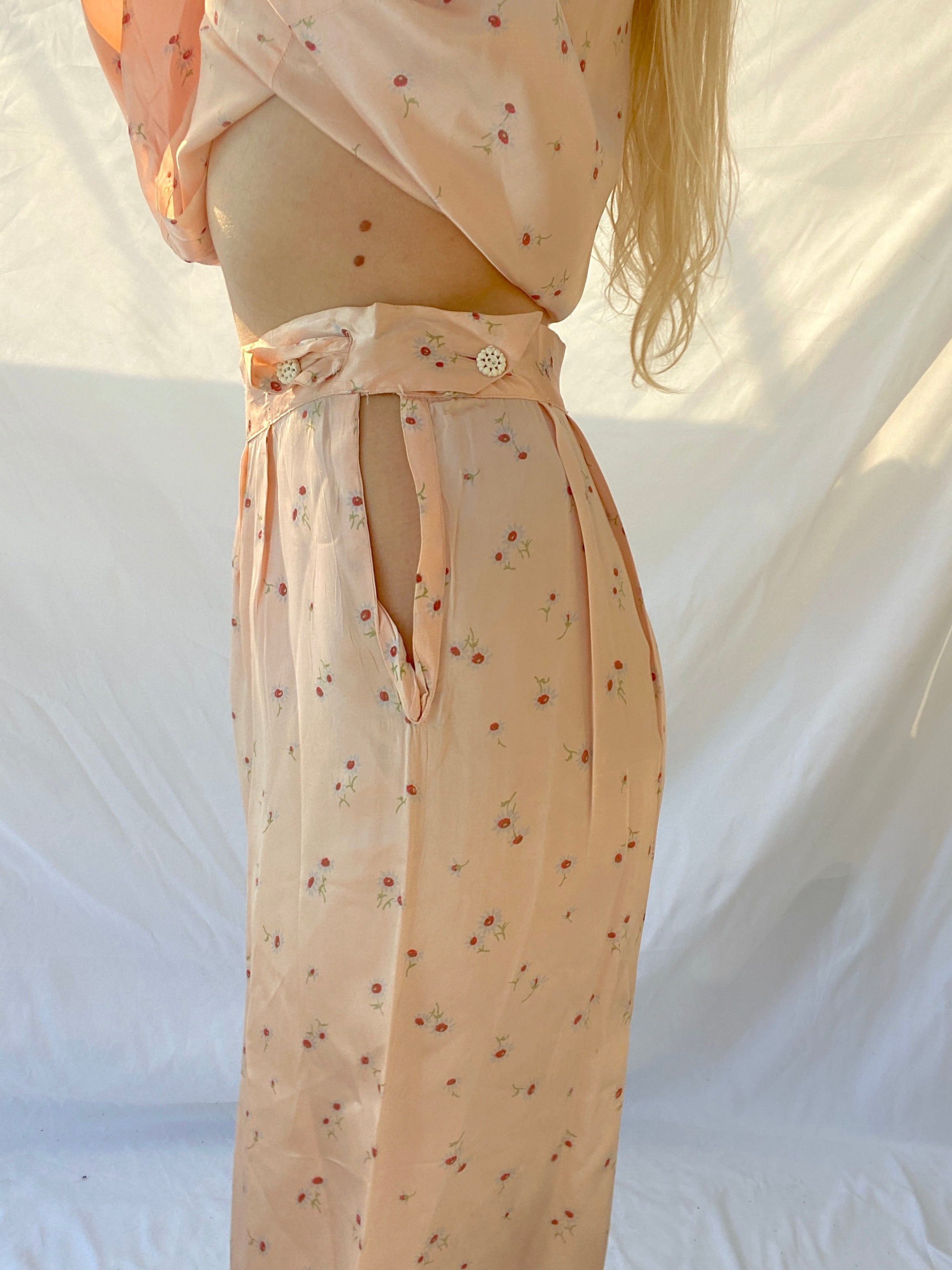 1930's Pink Silk Pajama Set with Delicate Floral Print
