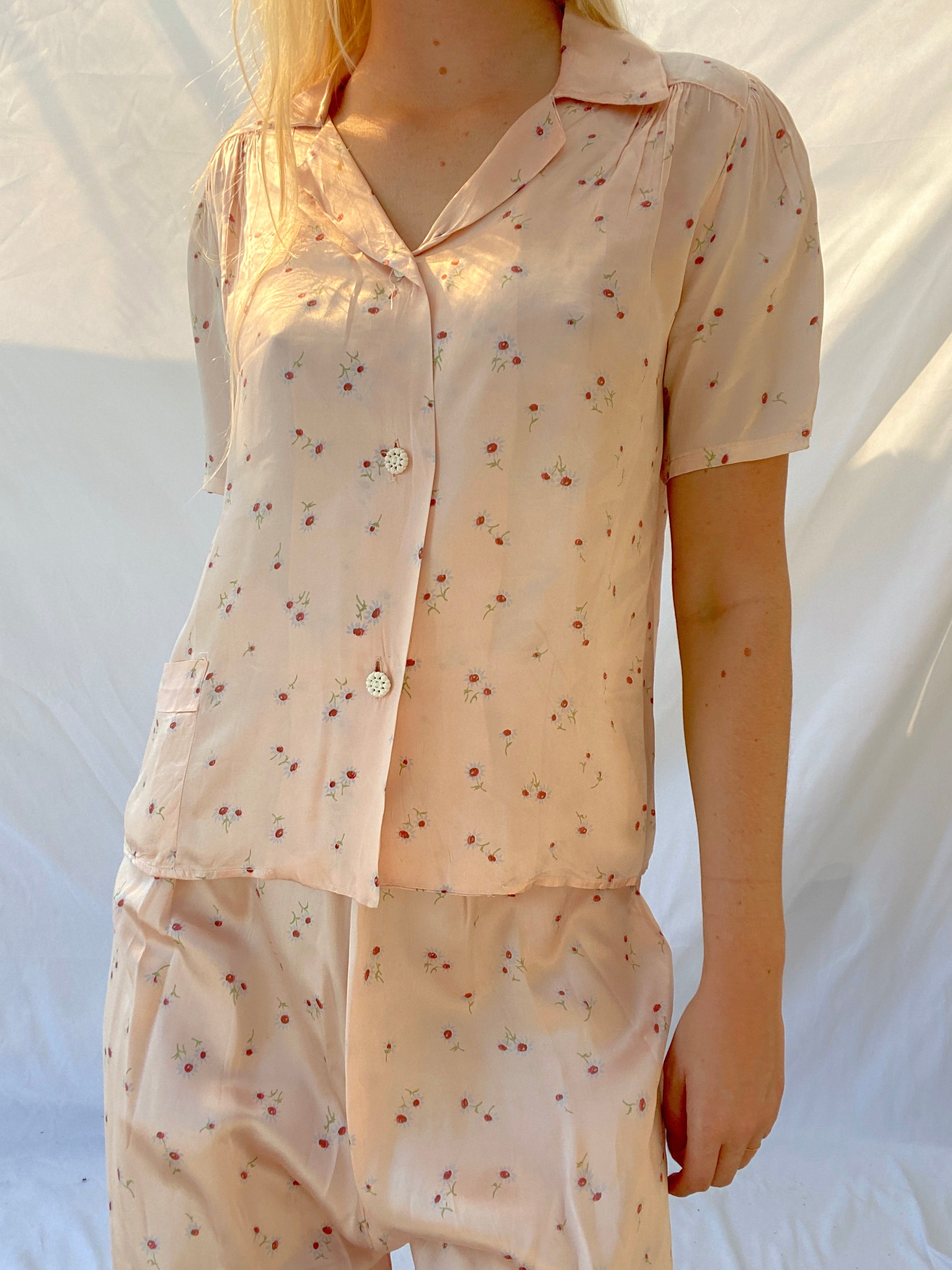 1930's Pink Silk Pajama Set with Delicate Floral Print