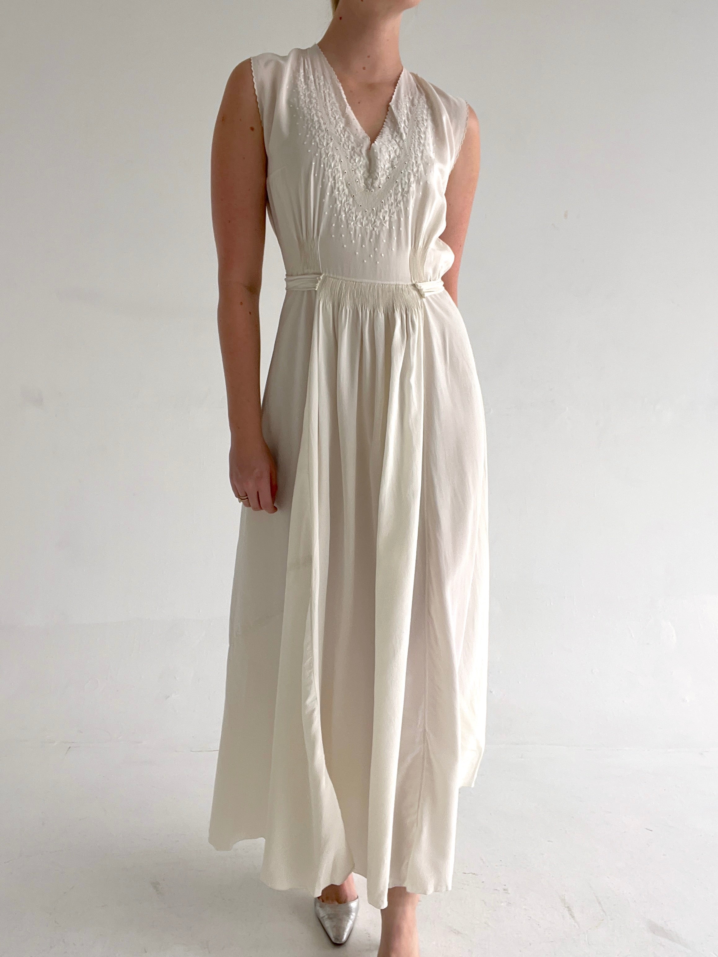 1930's Very Pale Gray Silk Dress with Hand Done Embroidery