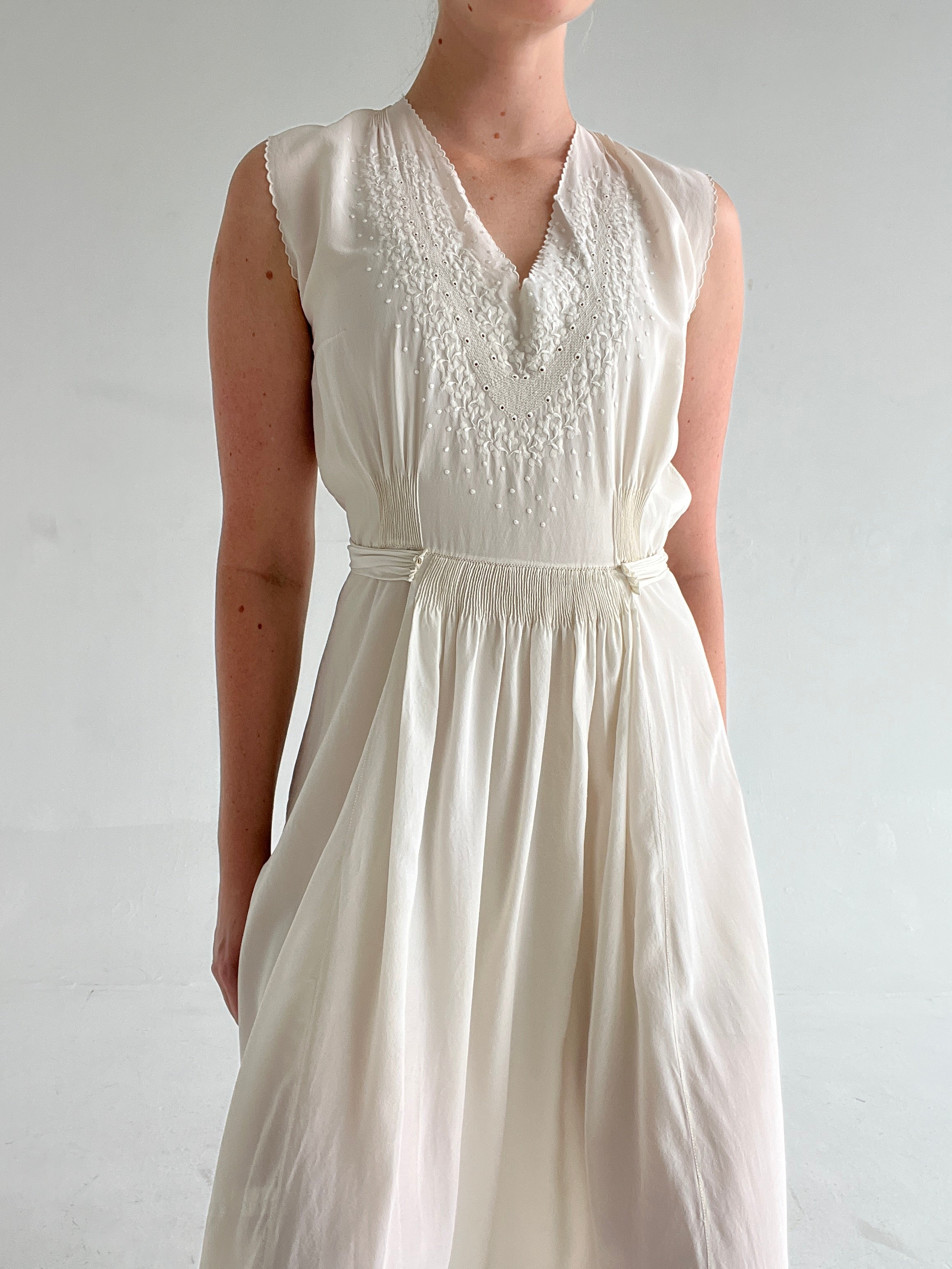 1930's Very Pale Gray Silk Dress with Hand Done Embroidery