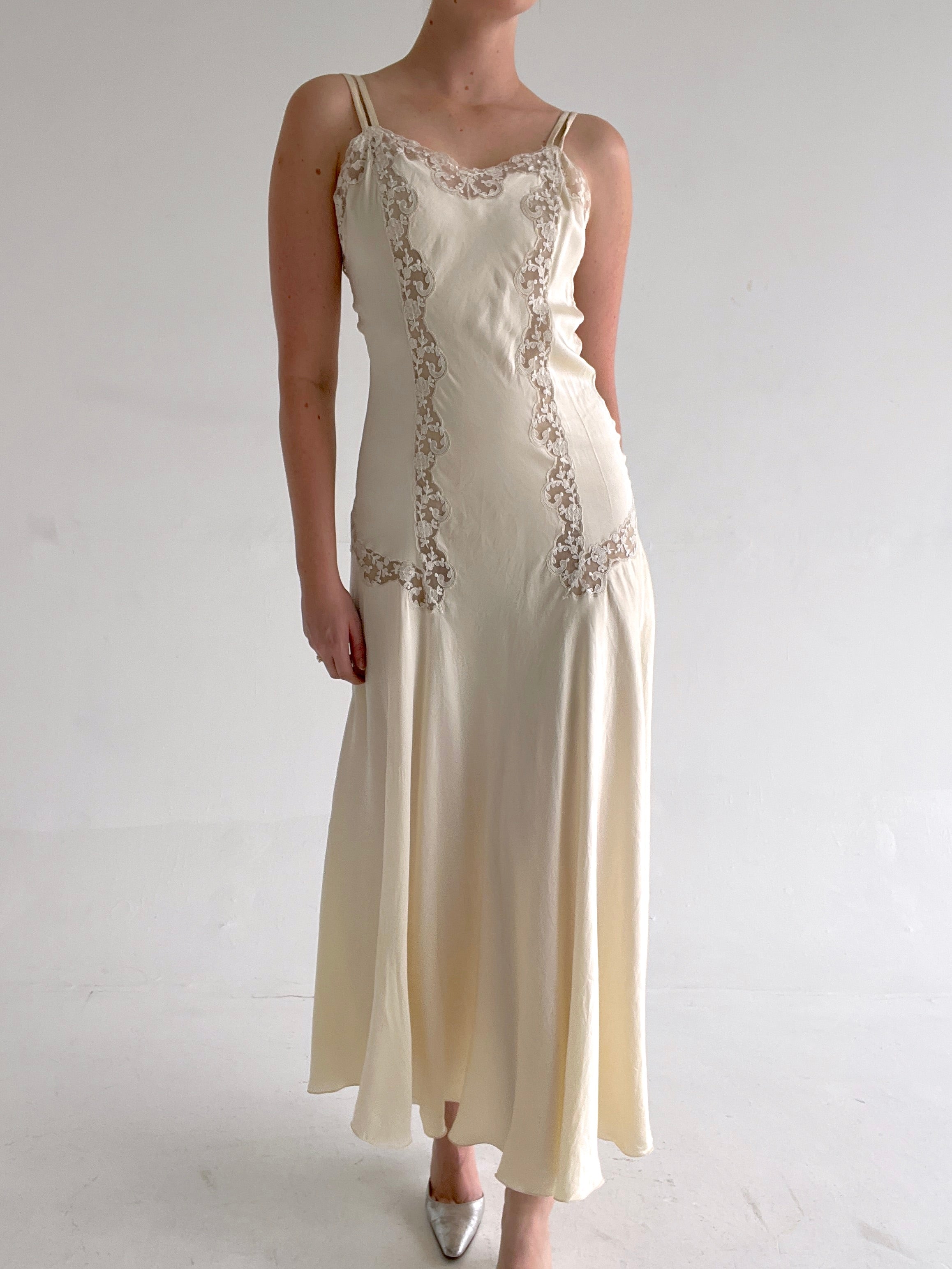 1930's Cream Silk Dress with White Lace Inserts