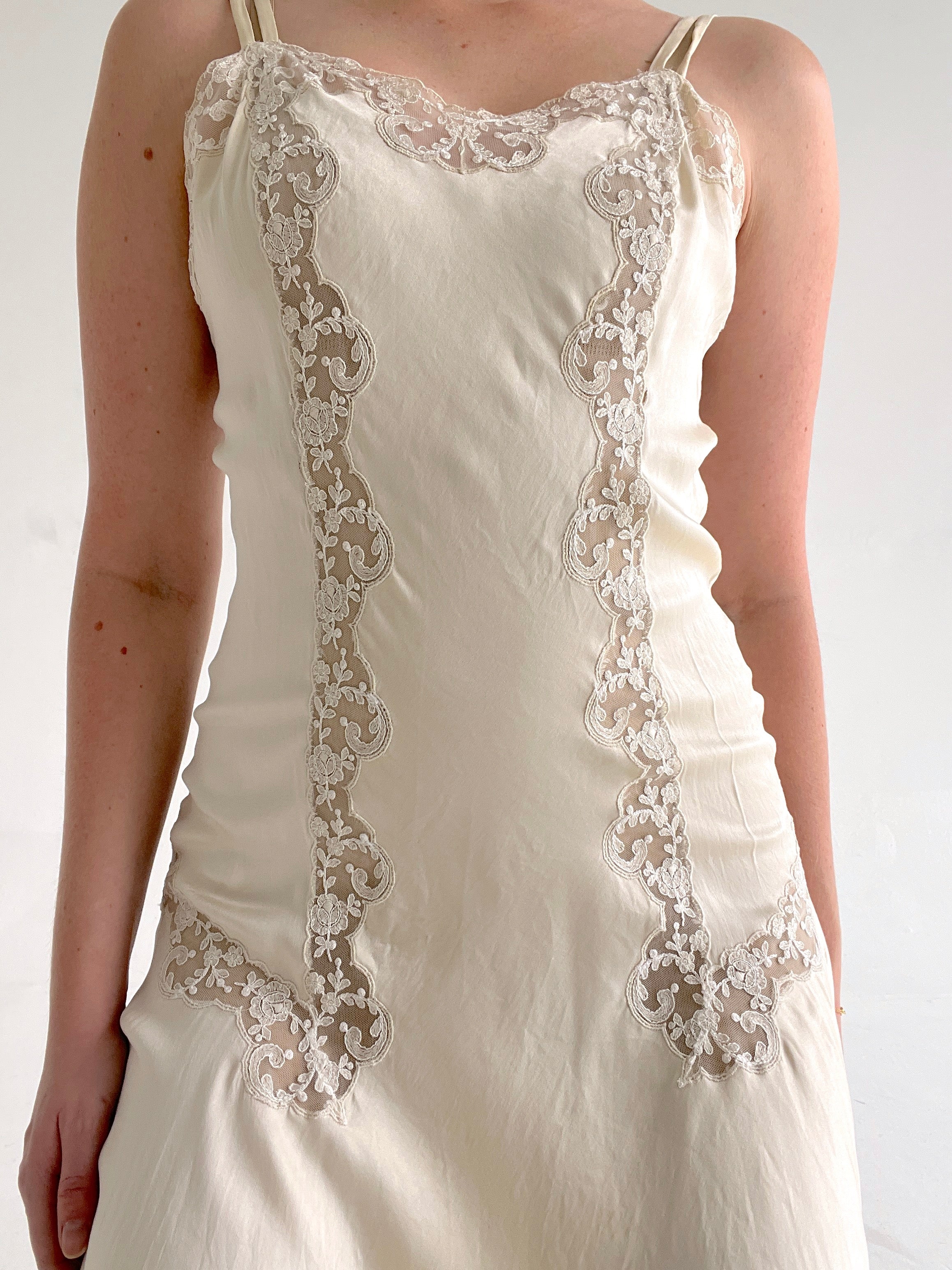 1930's Cream Silk Dress with White Lace Inserts