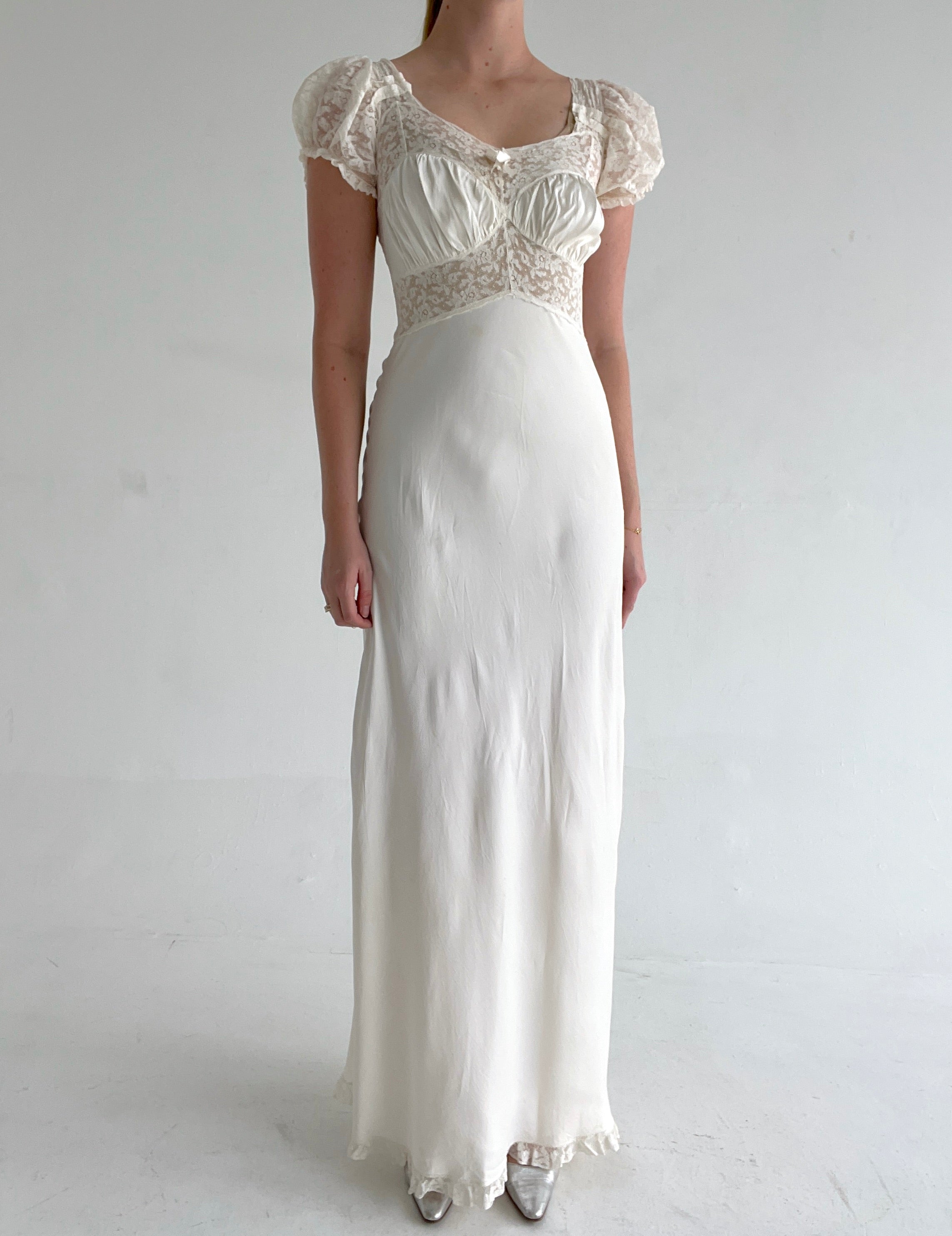 1940's Bridal White Slip Dress with Lace Puffed Sleeve