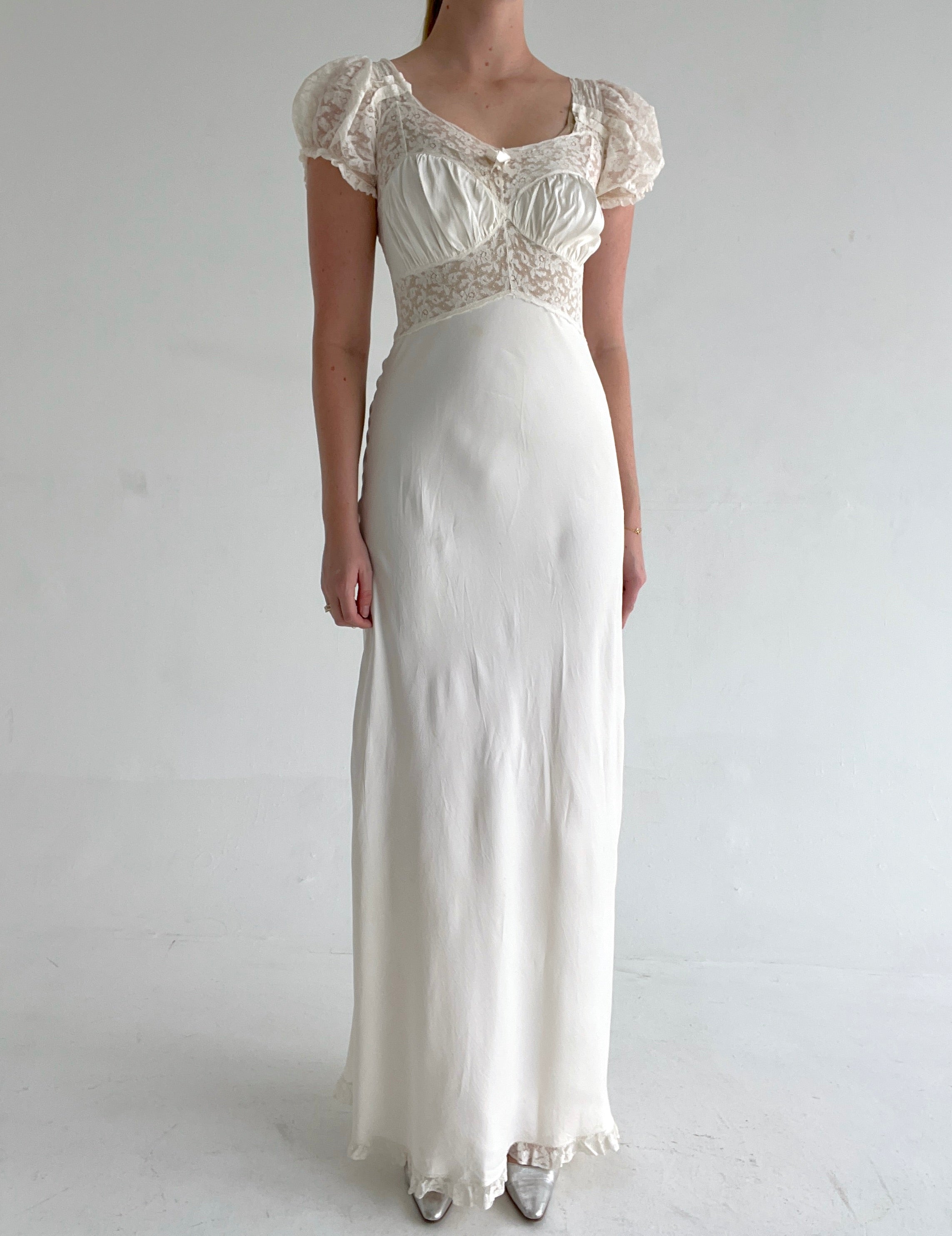 white lace slip dress bridal 1930's Bridal White Silk Slip Dress With White Lace Eveliina Vintage