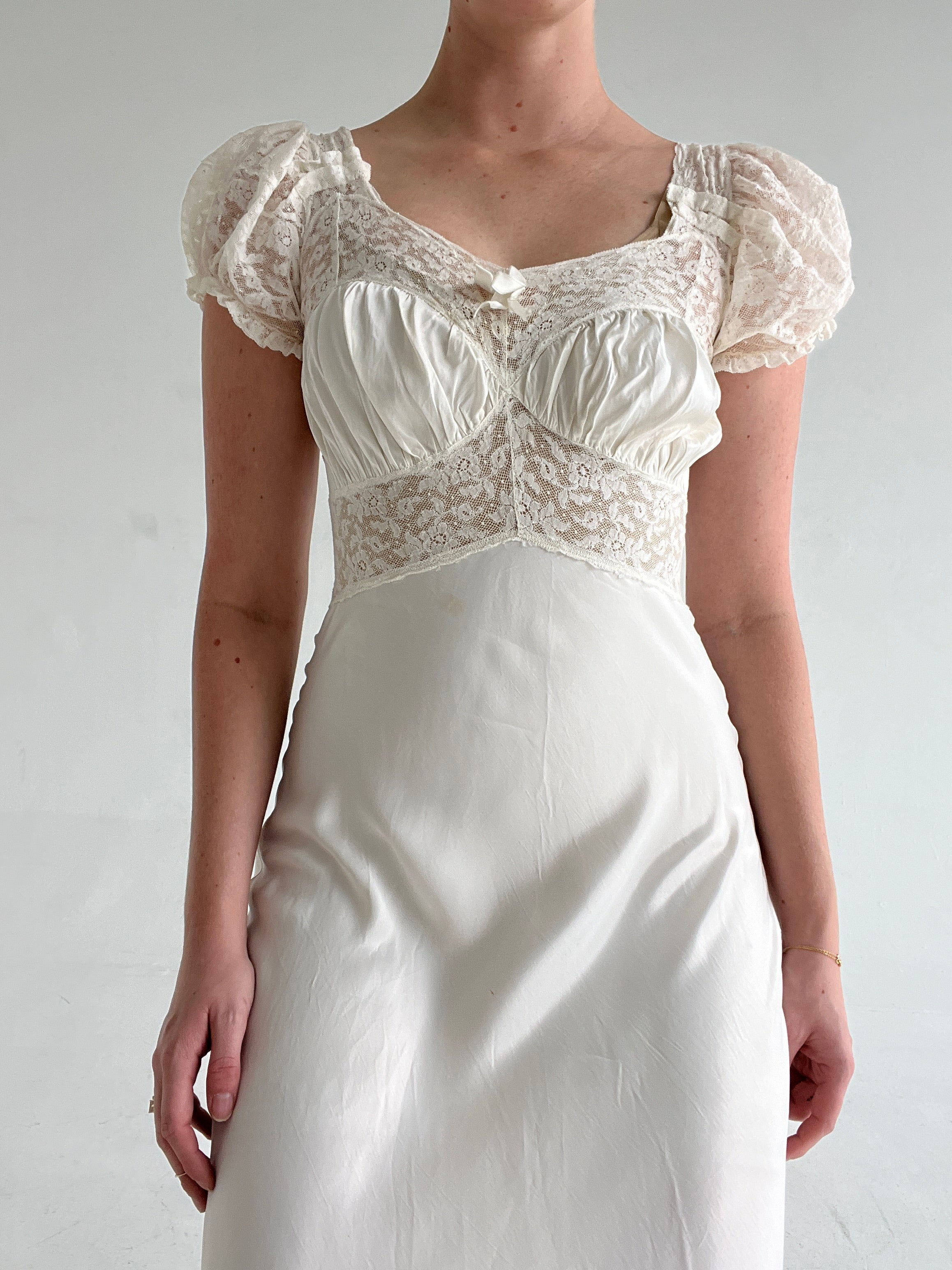 1940's Bridal White Slip Dress with Lace Puffed Sleeve