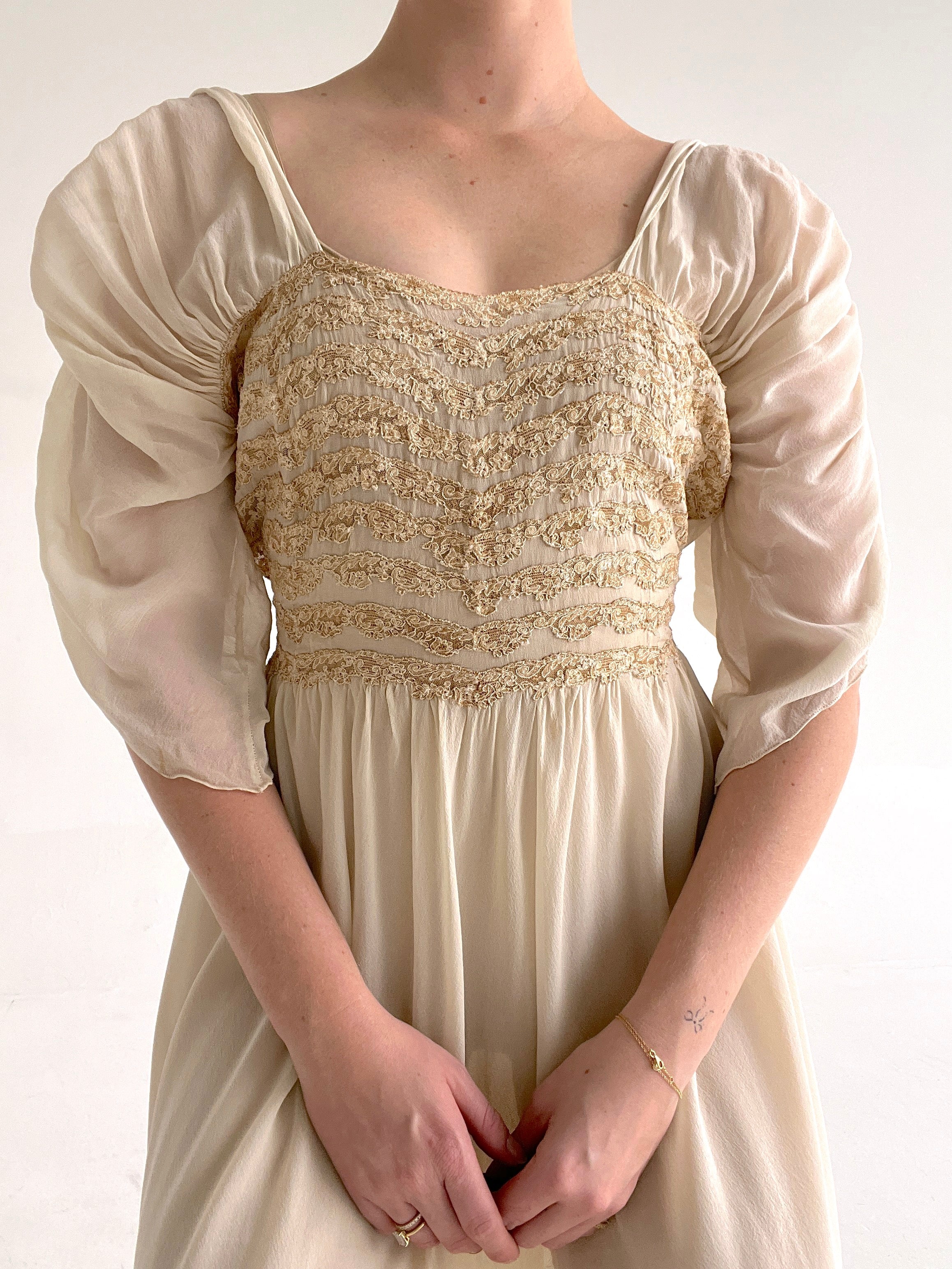 1930's Cream Silk Chiffon Gown with Cream Lace
